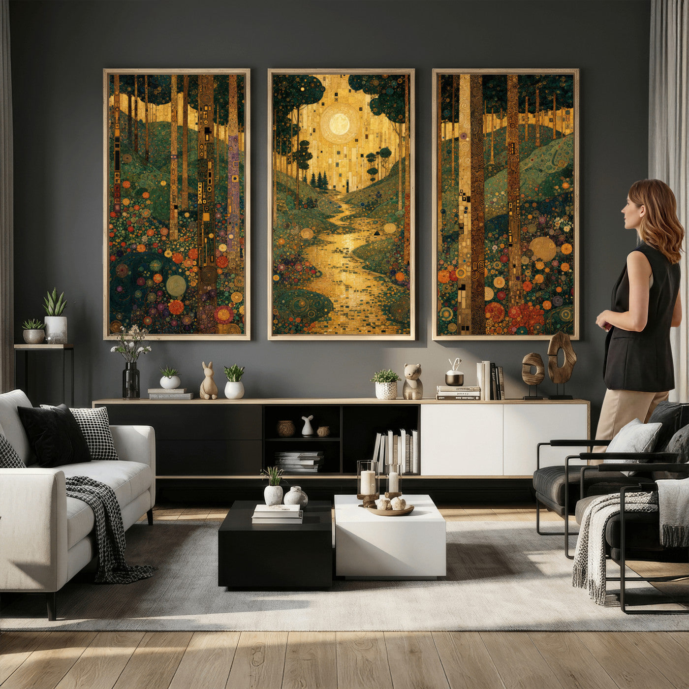 79483321GS-MGV-CV-48X32-3P - Gustav Klimt Style Forest Canvas Wall Art, Golden Forest Path Floral Art Nouveau Print, Enchanted Woodland Decor