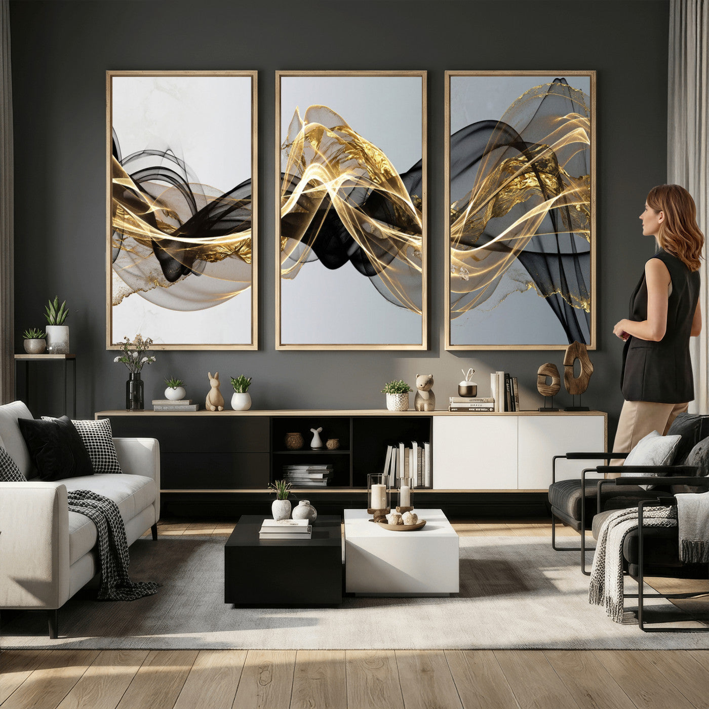 79483321DL-MGV-CV-36X24 - Black and Gold Abstract Wall Art, Modern Wave Canvas Print, Elegant Flowing Smoke Art, Luxury Living Room Decor