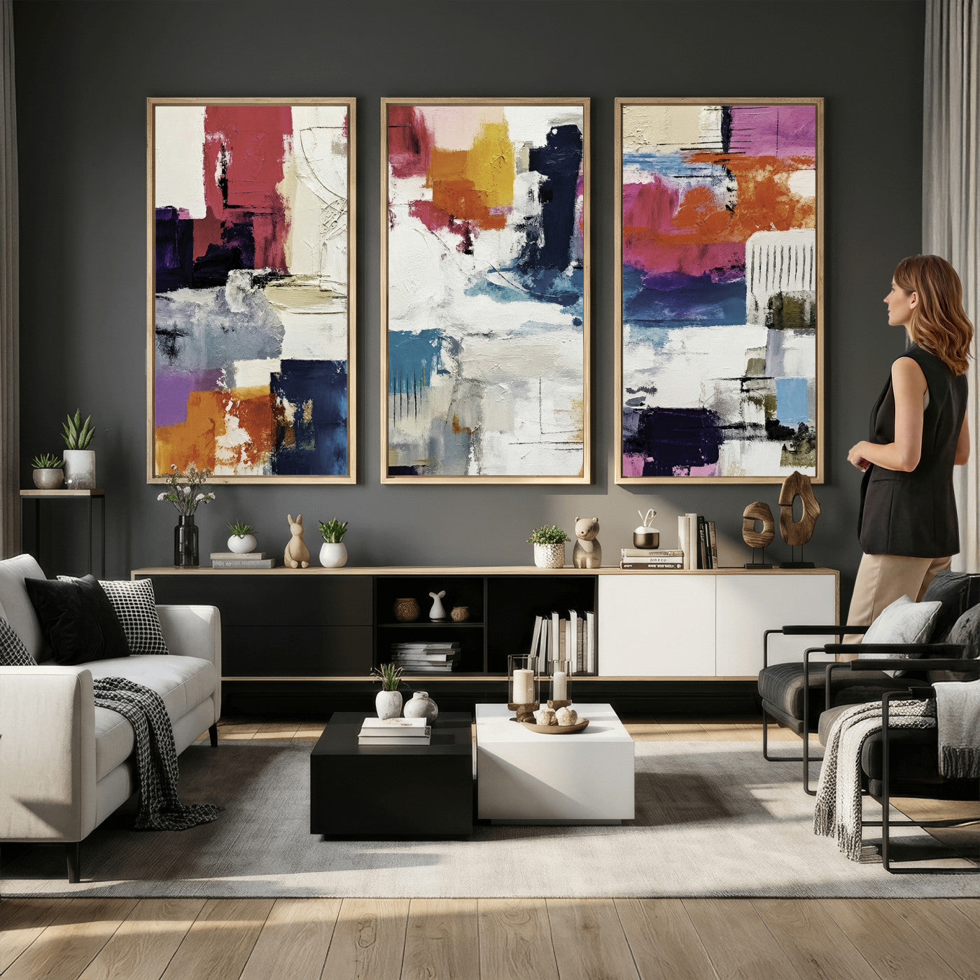 57864023-MGV-CV-36X24 - Blue Teal Abstract Canvas Wall Art, Modern Textured Painting Print, Navy Orange White Contemporary Art, Neutral Living Room Decor, Office Art