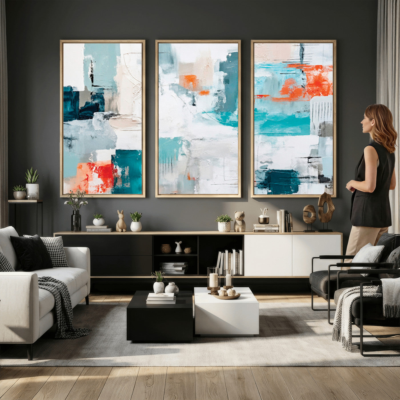 98638479-MGV-CV-36X24 - Blue Teal Abstract Canvas Wall Art | Modern Textured Painting Print, Navy Orange White Contemporary Art, Neutral Living Room Decor, Office Art