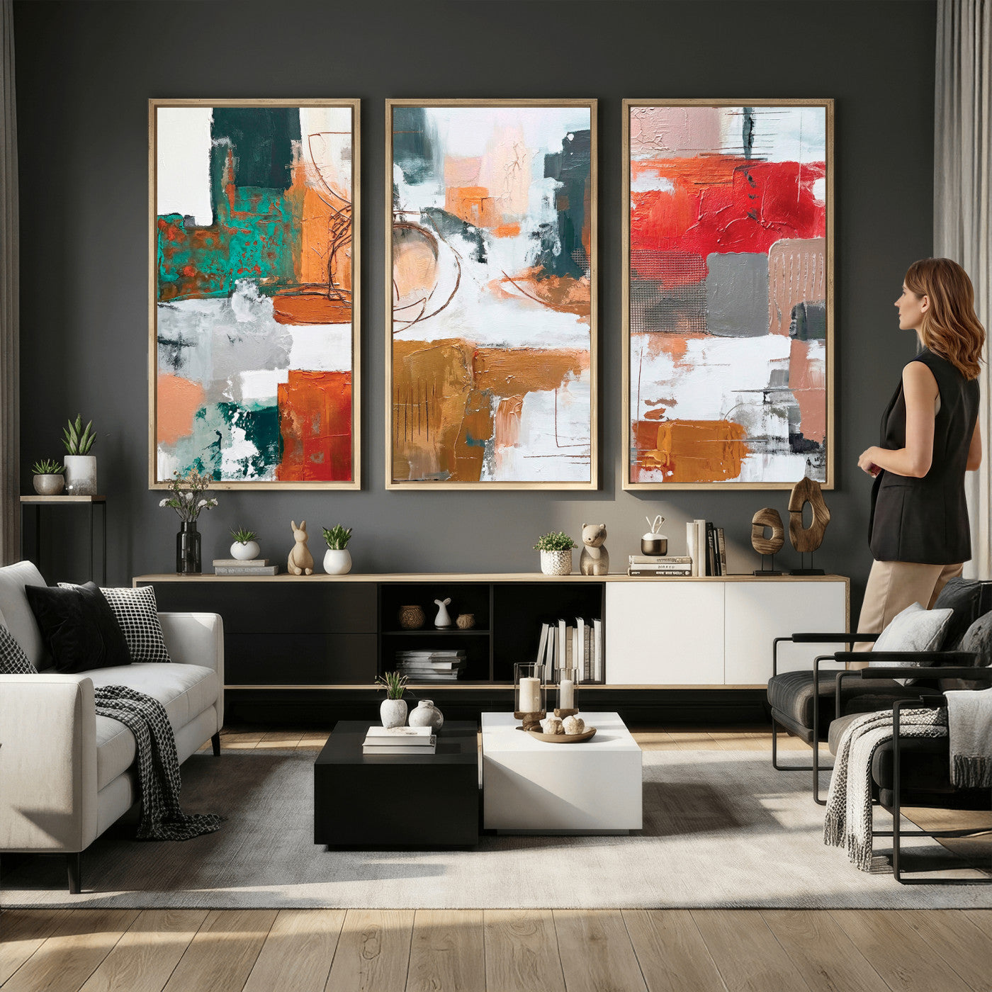 50720312-MGV-CV-36X24 - Blue Teal Abstract Canvas Wall Art | Modern Textured Painting Print, Navy Orange White Contemporary Art, Neutral Living Room Decor, Office Art.