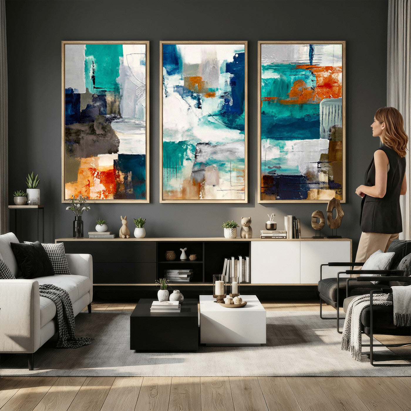 44038089-MGV-CV-36X24 - Blue Teal Abstract Canvas Wall Art, Modern Textured Painting Print, Navy Orange White Contemporary Art, Neutral Living Room Decor, Office Art