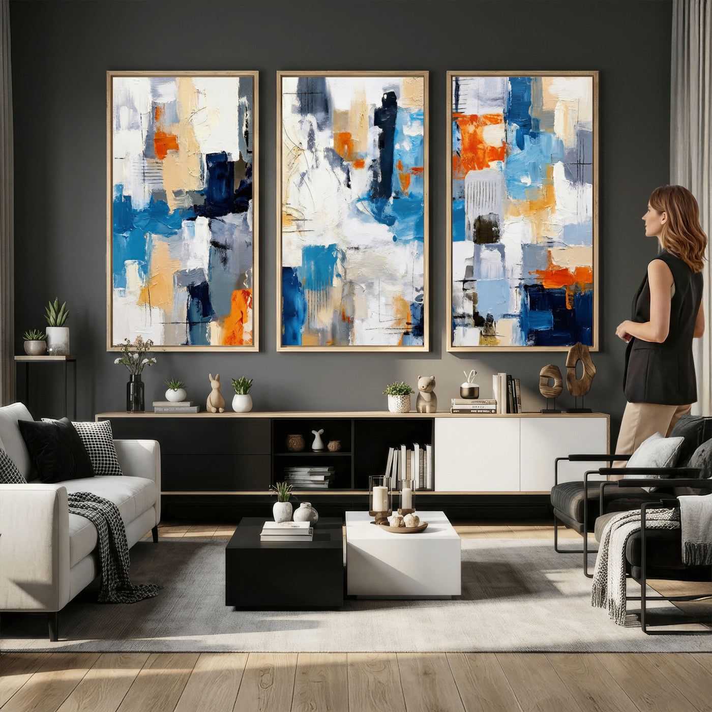 83915061-MGV-CV-36X24 - Blue Teal Abstract Canvas Wall Art, Modern Textured Painting Print, Navy Orange White Contemporary Art, Neutral Living Room Decor, Office Art