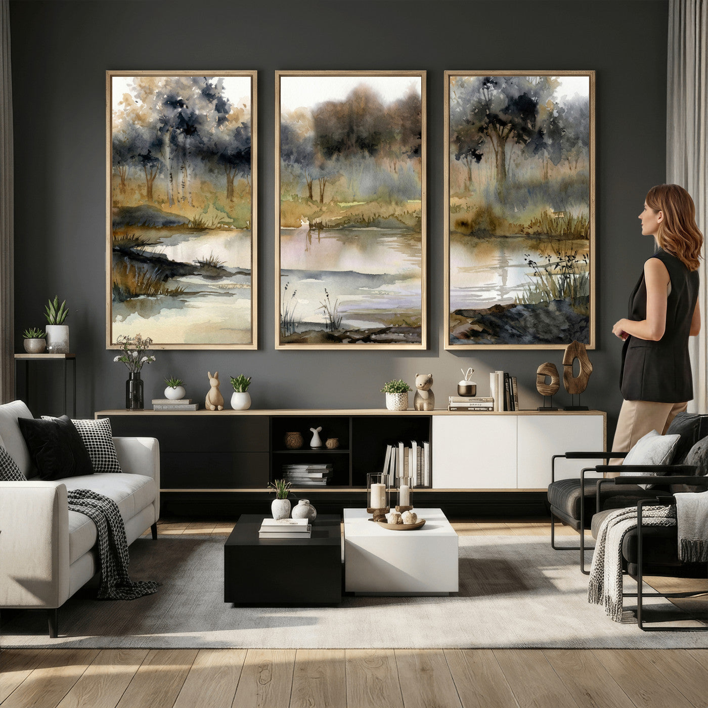 27383609-MGV-CV-36X24 - Abstract WatercolorAutumn Lake Canvas Wall Art Print, Misty Forest Landscape, Rustic Nature Painting, Cabin Wall Decor, Ready to Hang