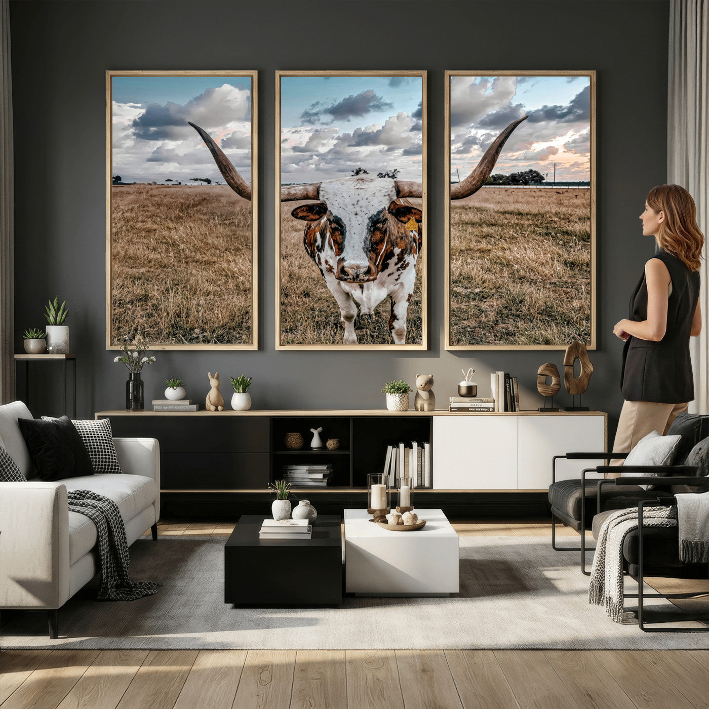17464823-MGV-CV-36X24 - Texas Longhorn Canvas Wall Art Print, Western Cow Photography, Rustic Ranch Decor, Farmhouse Wall Art, Ready to Hang