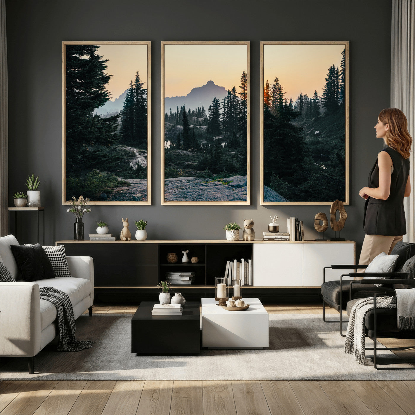 89996020-MGV-CV-36X24 - Mountain Forest Canvas Wall Art Print - Pine Tree Landscape, Sunset Nature Photography, Wilderness Wall Decor, Ready to Hang