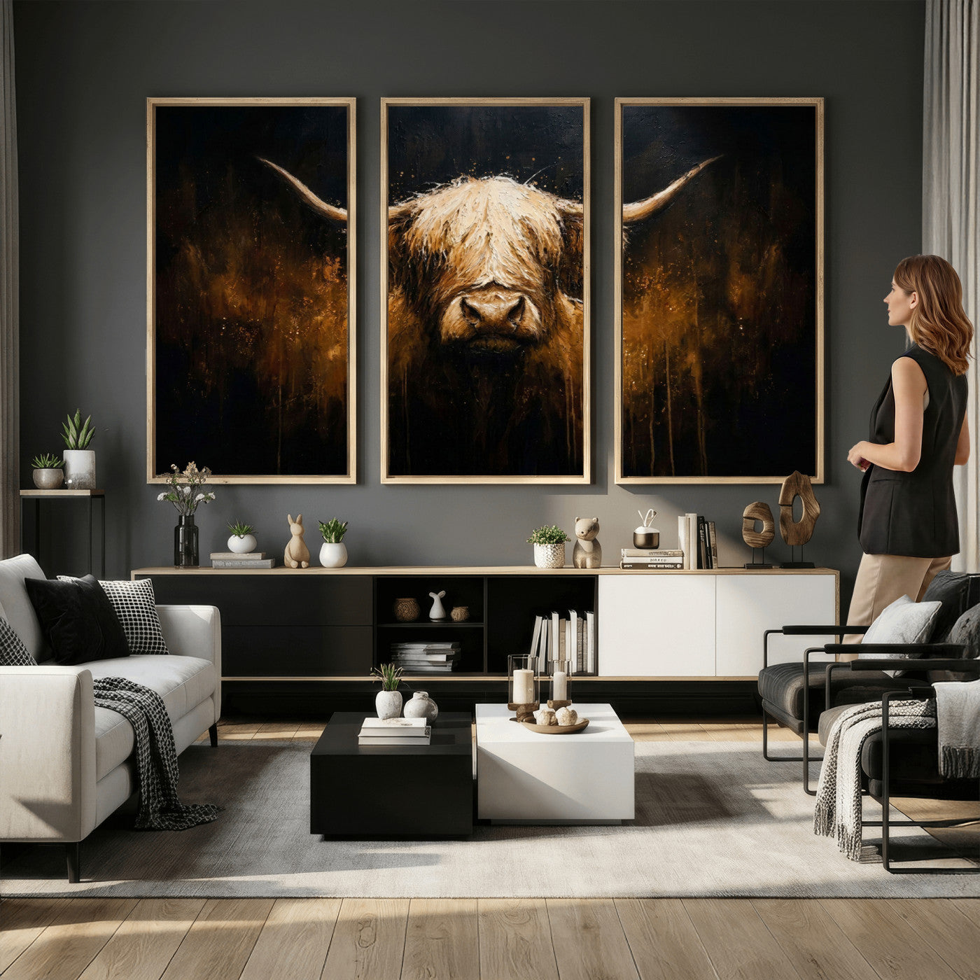 79873059-MGV-CV-36X24 - Rustic Highland Cow Canvas Print Dark Farmhouse Cattle Wall Decor
