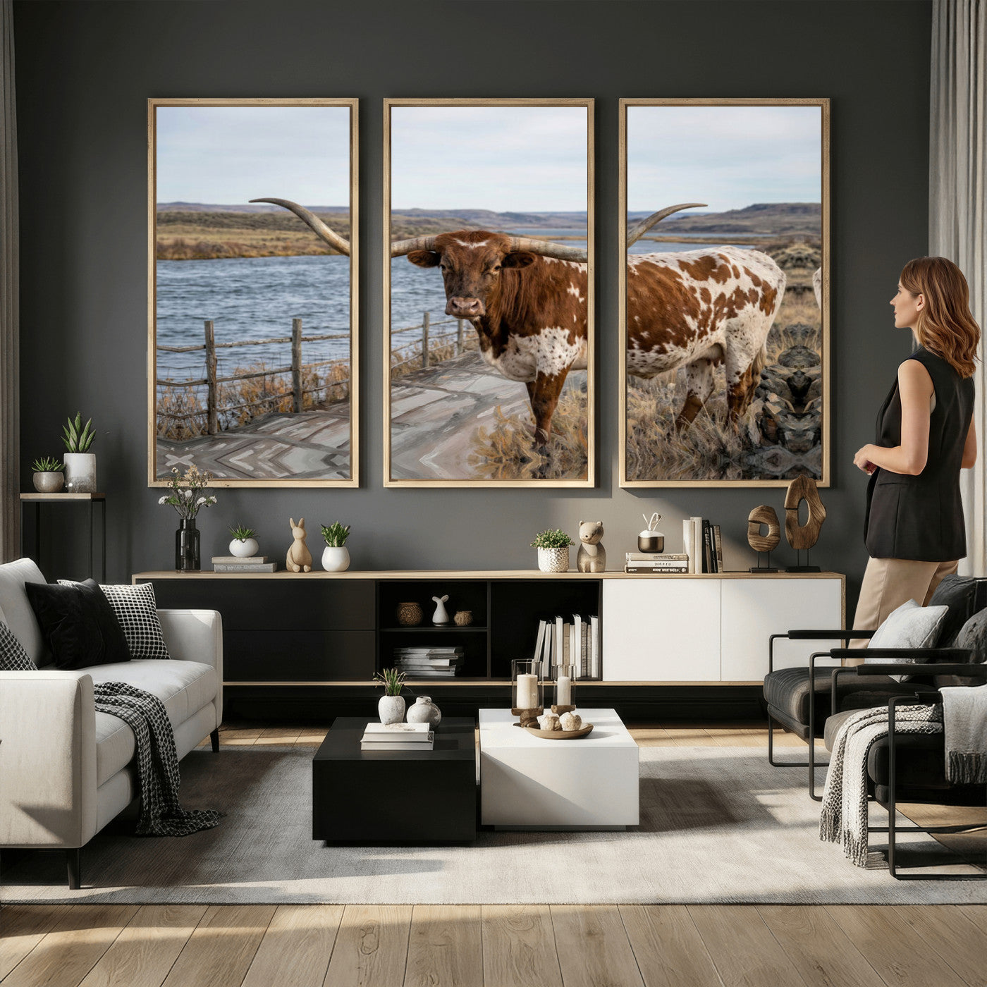91575949-MGV-CV-36X24 - Texas Longhorn Cattle in Desert Pasture Wall Art Canvas Print - Rustic Western Decor
