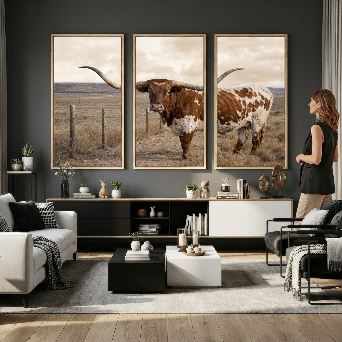 22808364-MGV-CV-36X24 - Texas Longhorn Cattle in Desert Pasture Wall Art Canvas Print - Rustic Western Decor