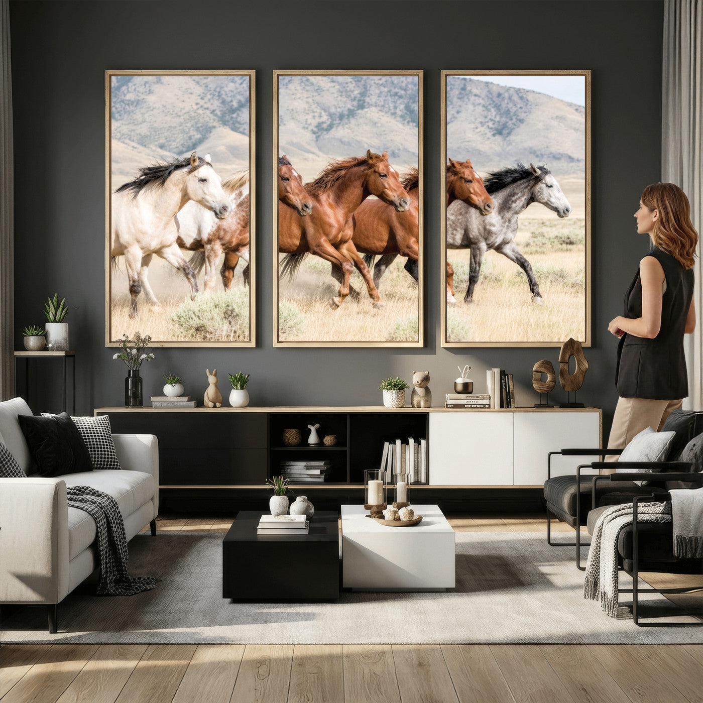 68345893-MGV-CV-36X24 - Five Mustangs Running Wild in Mountain Valley Wall Art Canvas Print - Rustic Western Decor