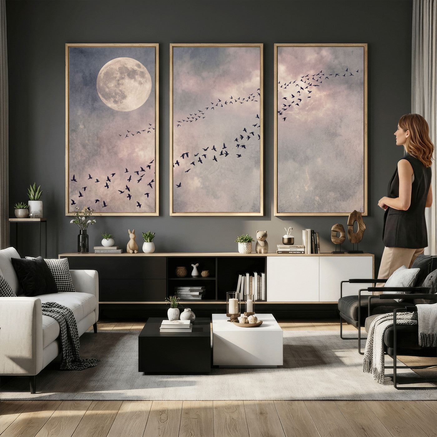 52339590-MGV-CV-36X24 - Birds Flying to Moon Wall Art Canvas Print - Vintage Surreal Night Sky Sky Print