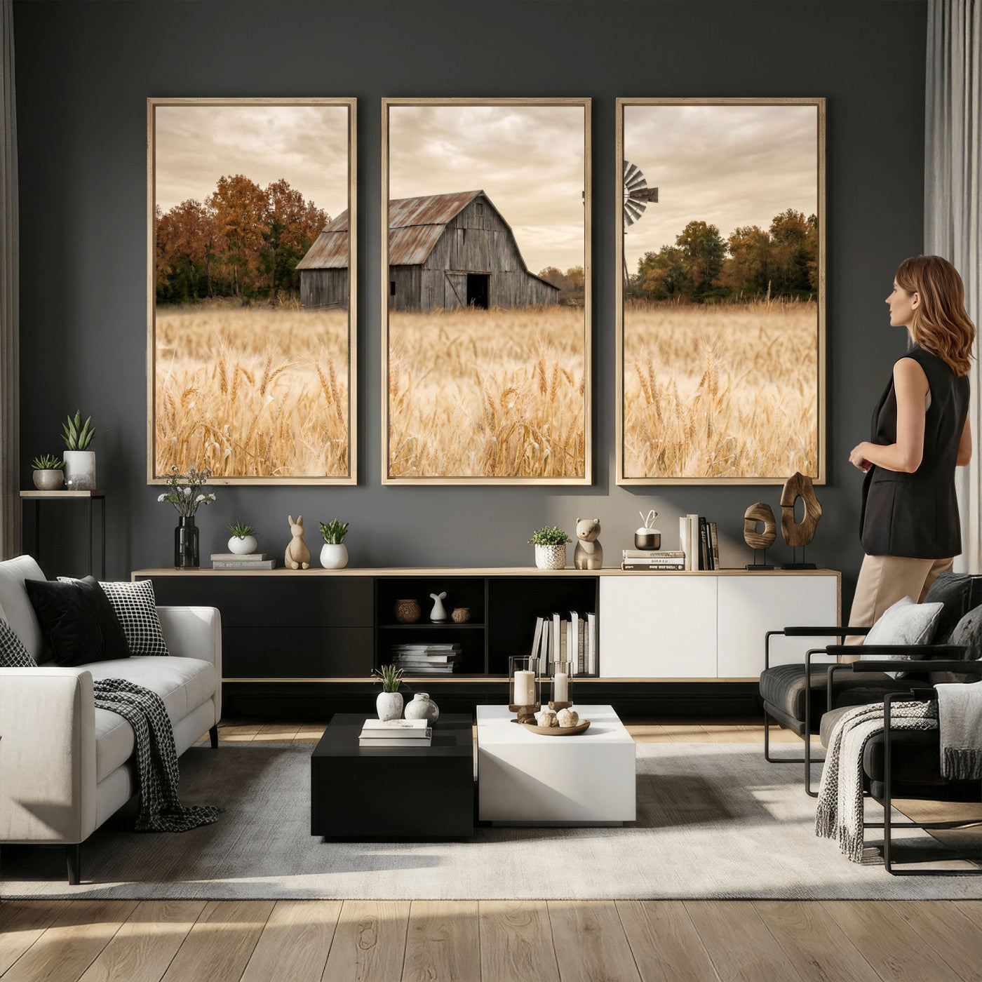 99640659-MGV-CV-36X24 - Rustic Farmhouse Barn and Windmill Wall Art Canvas Print, Country Landscape Photography Print