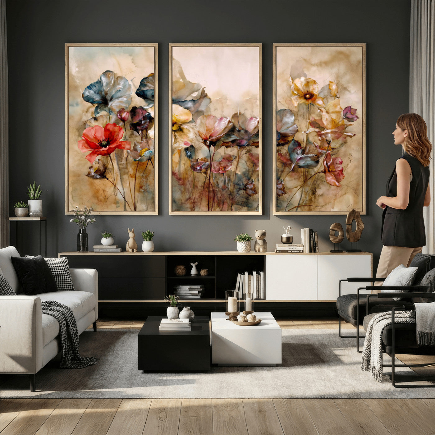 11407233-MGV-CV-36X24 - Vintage Dried Floral Meadow Wall Art Canvas Print, Translucent Watercolor Flowers Painting Print