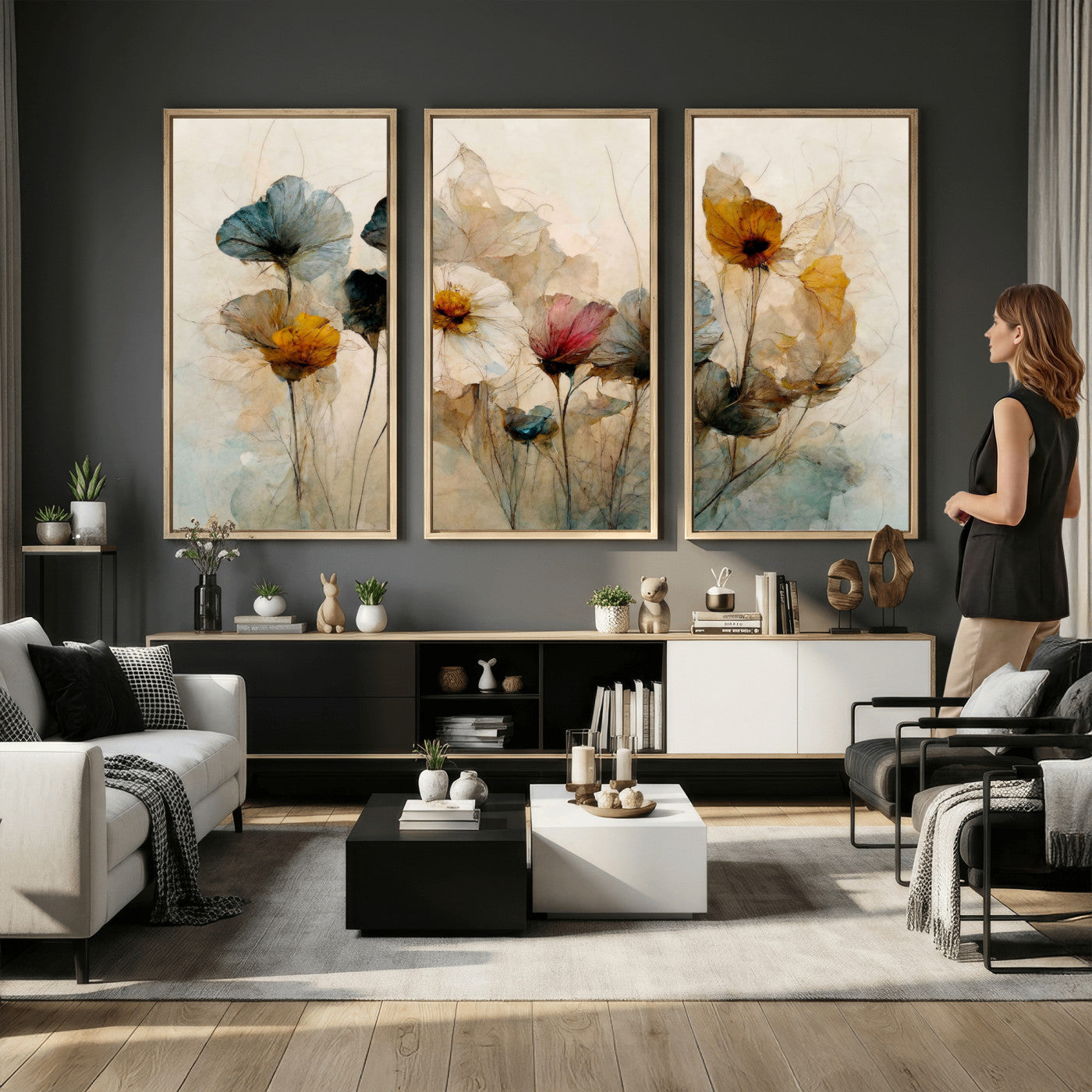 86802229-MGV-CV-36X24 - Vintage Dried Floral Meadow Wall Art Canvas Print, Translucent Watercolor Flowers Painting Print