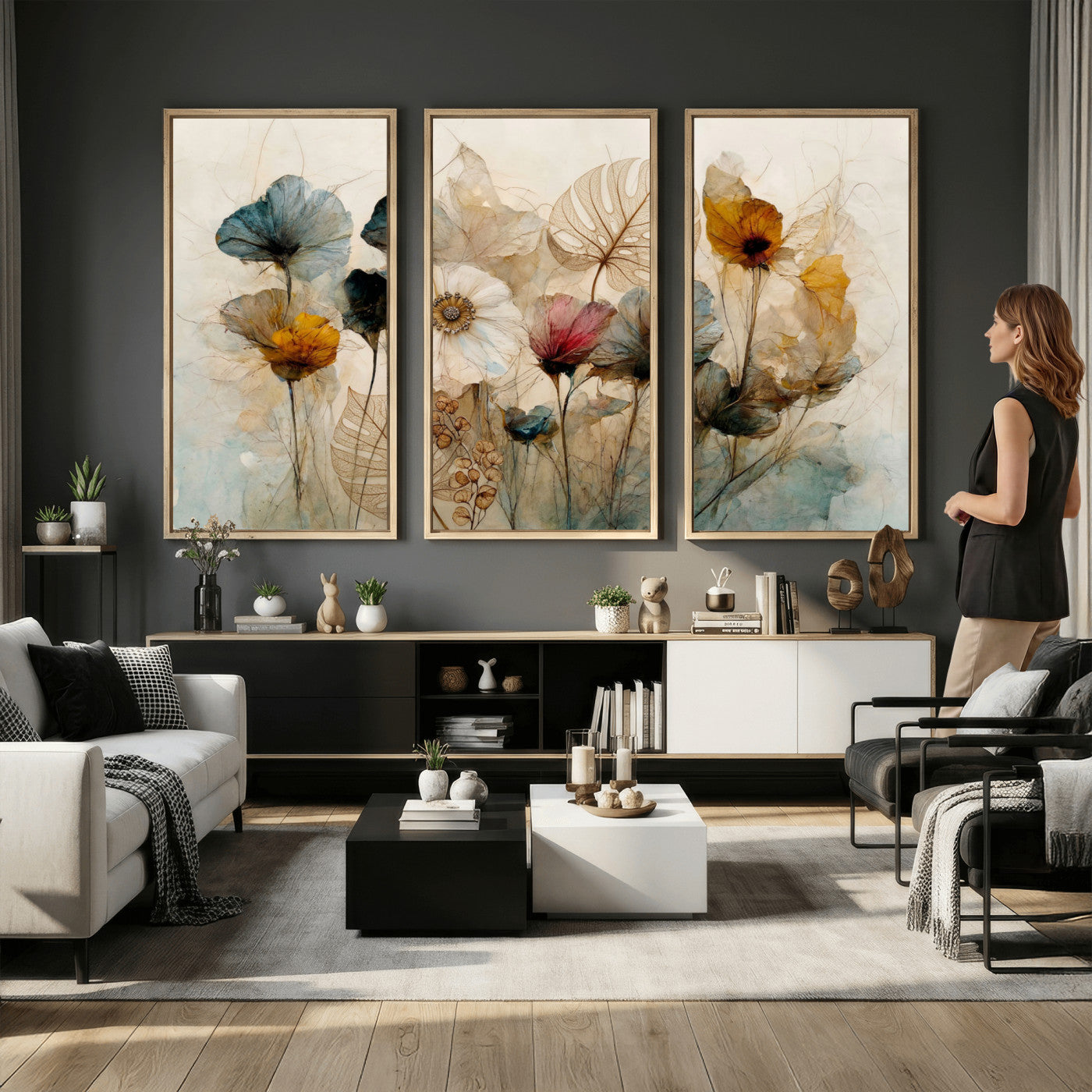 93171612-MGV-CV-36X24 - Vintage Dried Floral Meadow Wall Art Canvas Print, Translucent Watercolor Flowers Painting Print