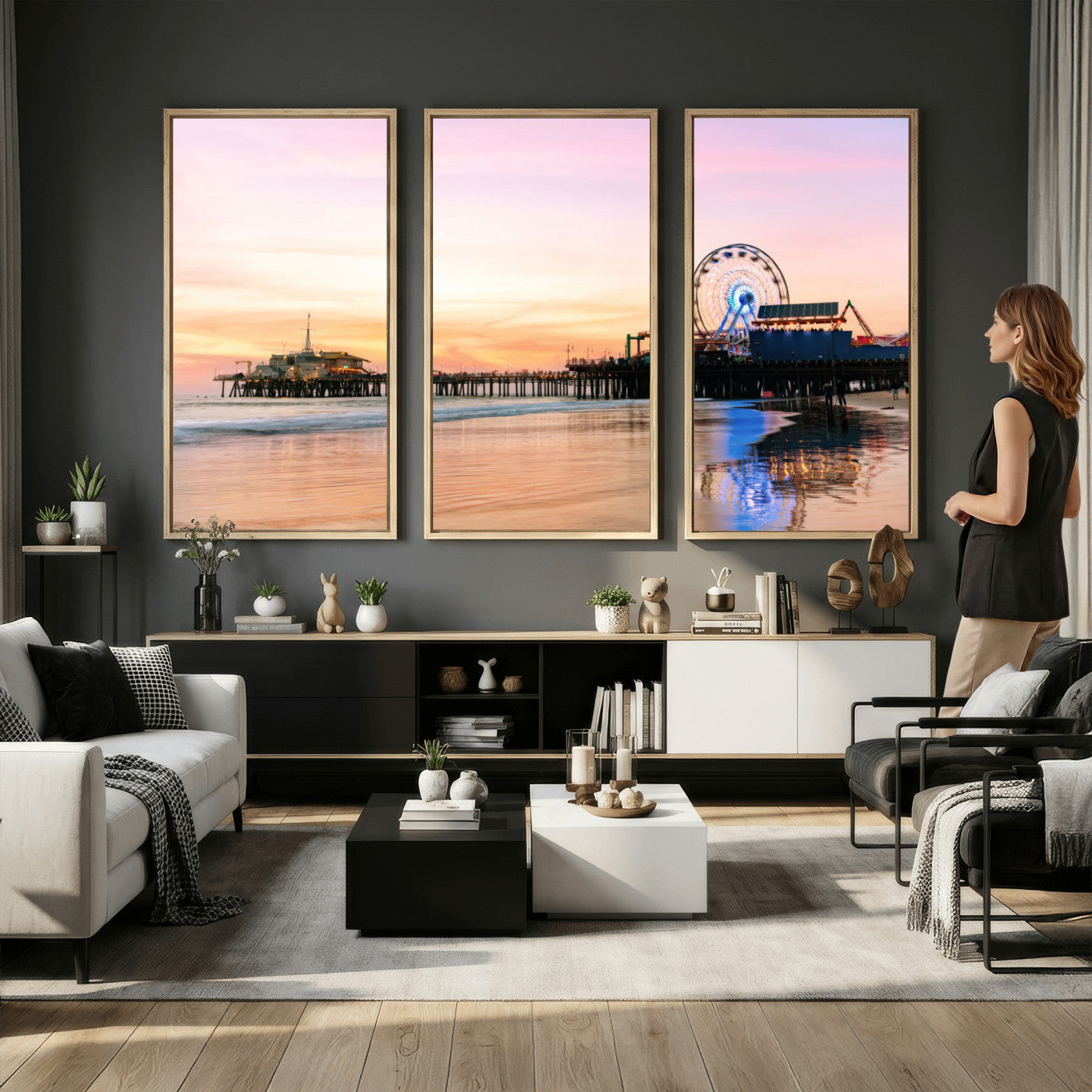 27381272-MGV-CV-36X24 - Santa Monica Pier Sunset Beach Wall Art Canvas Print, California Ferris Wheel Photo Print