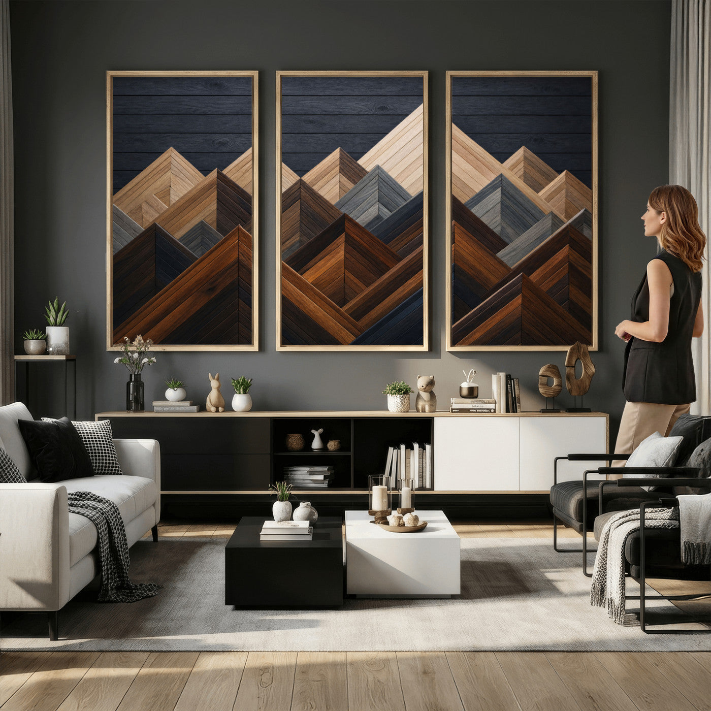 70531117-MGV-CV-36X24 - Geometric Wood Mountain Wall Art Canvas Print, 3D Look Rustic Mosaic Landscape Print