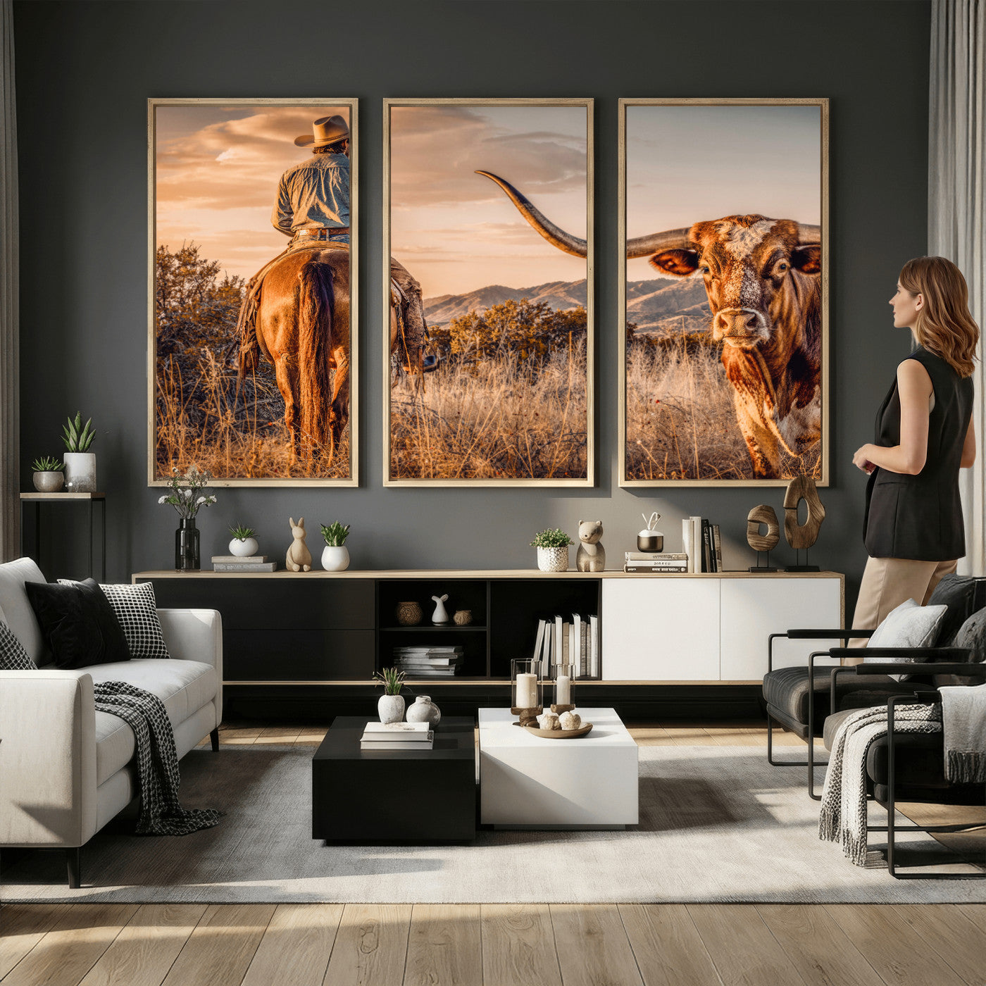 62076449C-MGV-CV-36X24 - Texas Cowboy and Longhorn Bull Print for Western Wall Art Decor for Farmhouse