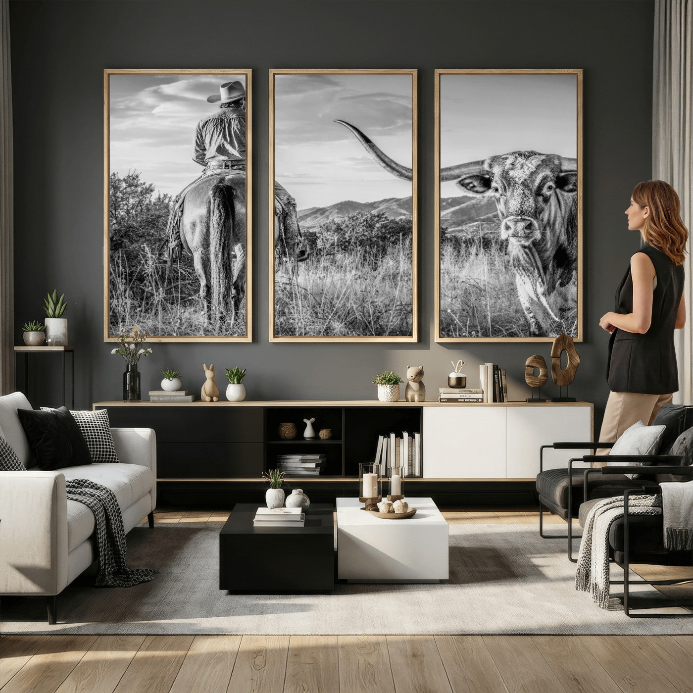 62076449WB-MGV-CV-36X24 - Texas Cowboy and Longhorn Bull Print for Western Wall Art Decor for Farmhouse