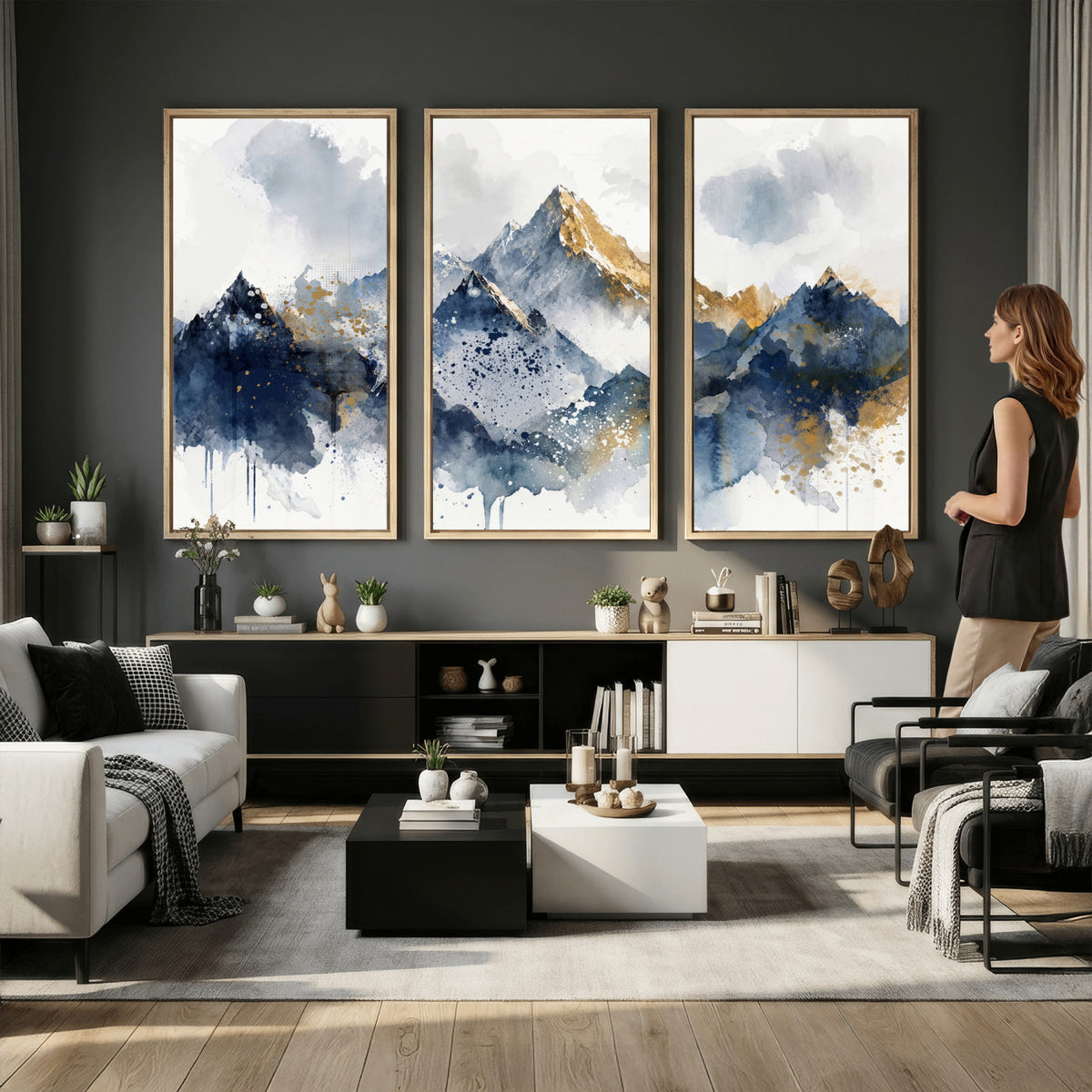 87460616-MGV-CV-36X24 - Abstract Mountain Canvas Wall Art, Blue Gold Foil Landscape Print, Modern Indigo Watercolor Poster, Large Abstract Nature, Luxury Office Gift