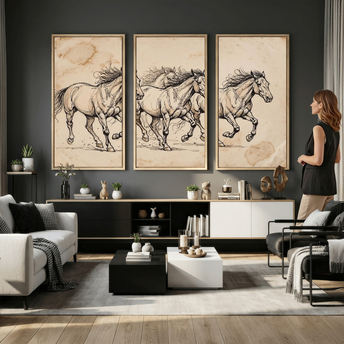 18242163-MGV-CV-36X24 - Vintage Horse Sketch Canvas Wall Art, Wild Horses Pencil Drawing Print, Antique Parchment Western Decor, Equine Sketching, Country Manor Gift