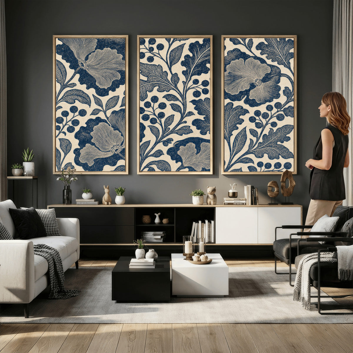 23824002-MGV-CV-36X24 - William Morris Style Navy Blue Floral Wall Art Canvas Print, Vintage Cream Botanical Painting Print