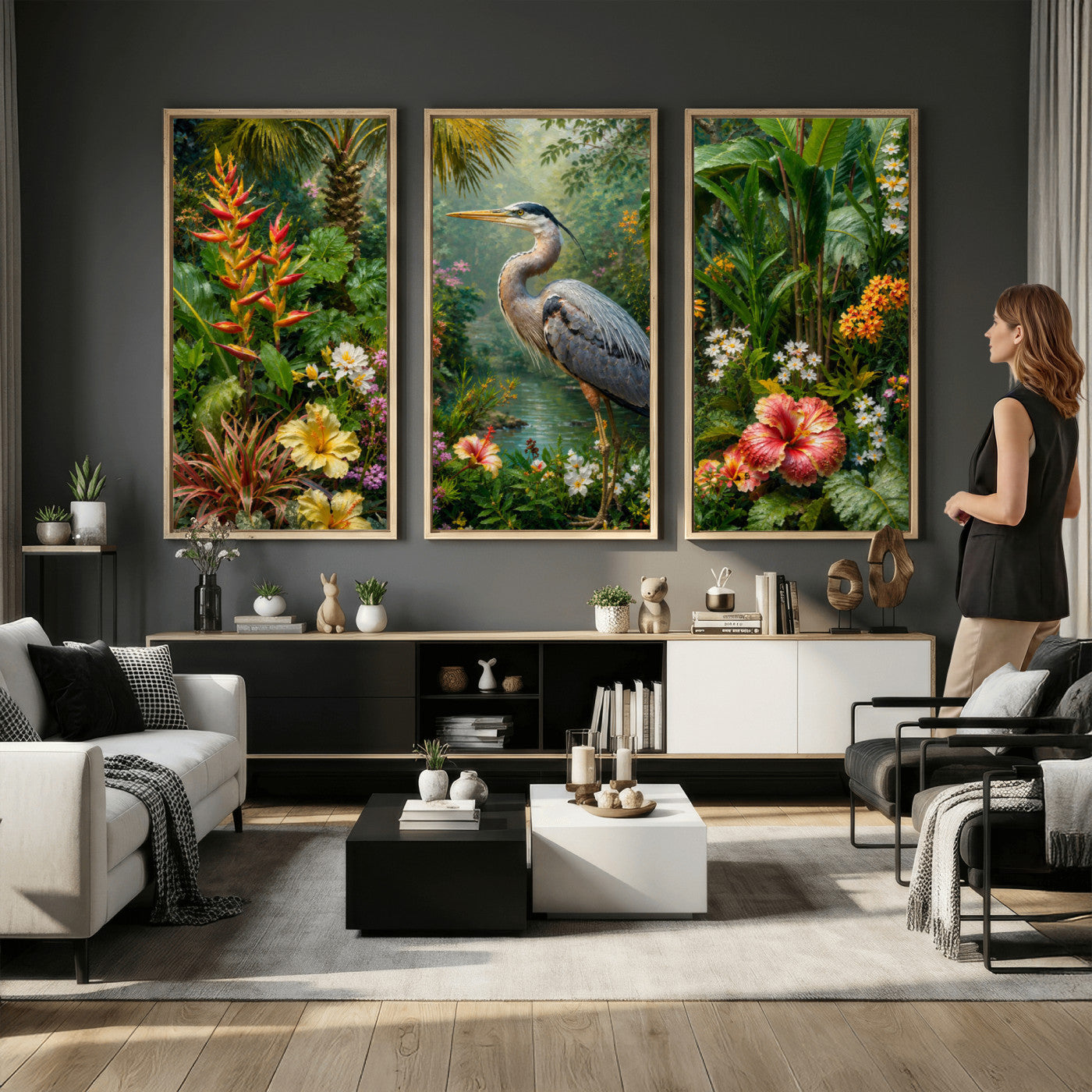 81059387-MGV-CV-36X24 - Great Blue Heron Tropical Jungle Wall Art Canvas Print, Exotic Botanical Garden Painting Print