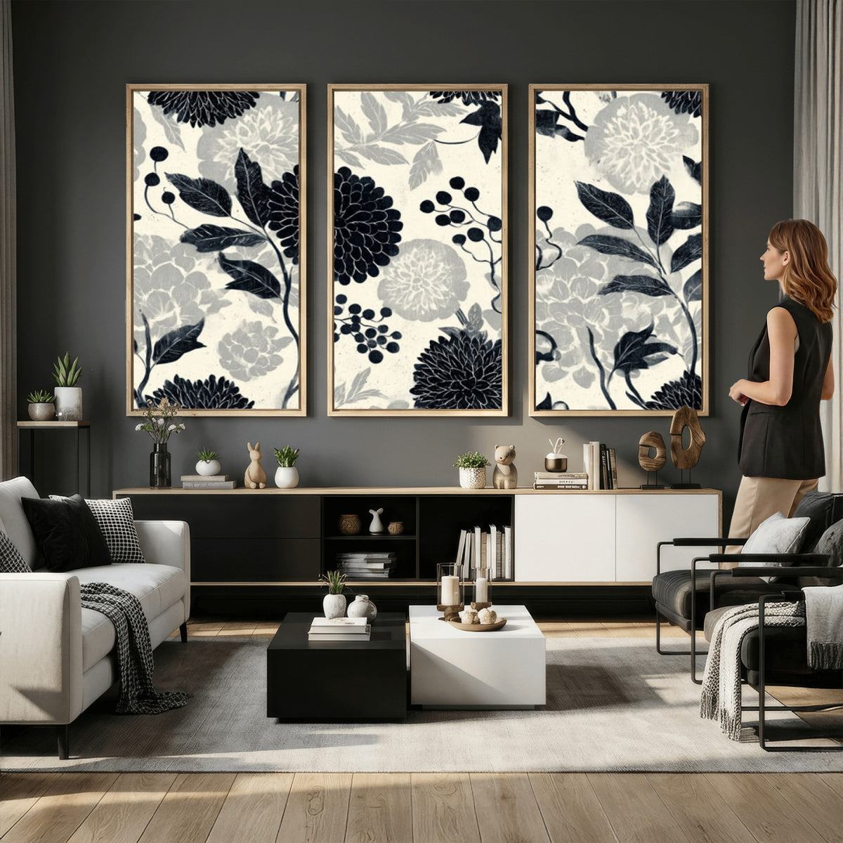 61524791-MGV-CV-36X24 - Vintage Black Chrysanthemum Wall Art Canvas Print, Monochrome Dhalia Floral Painting Print