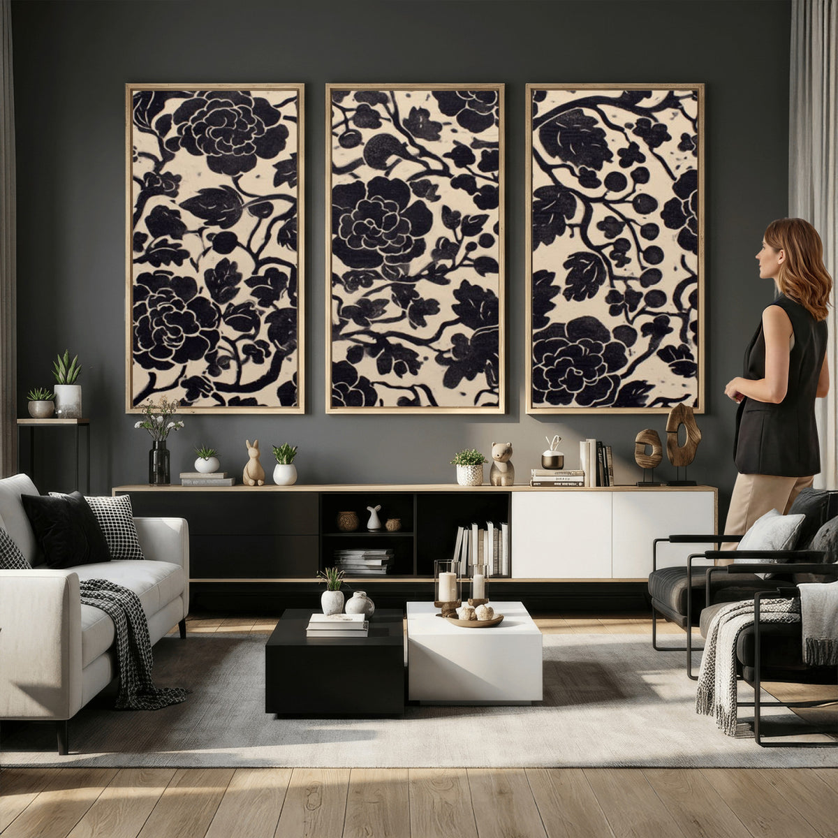 86696255-MGV-CV-36X24 - Vintage Black and Cream Floral Wall Art Canvas Print, Chinoiserie Botanical Painting Print