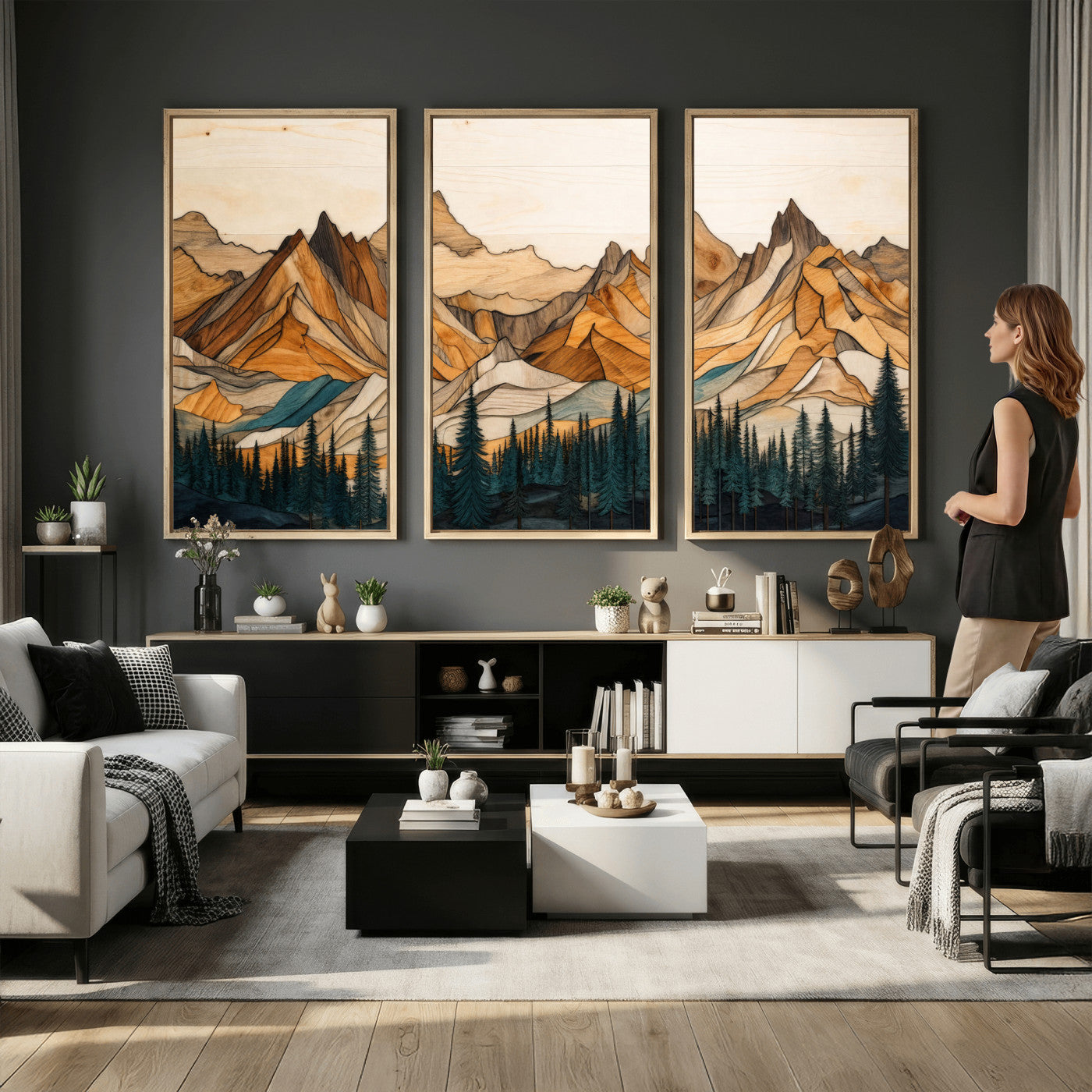 57384313-MGV-CV-48X32-3P - Mountain Landscape Canvas Wall Art with Wood Grain Effect, Golden Peaks and Teal Pine Forest, Framed Cabin Decor