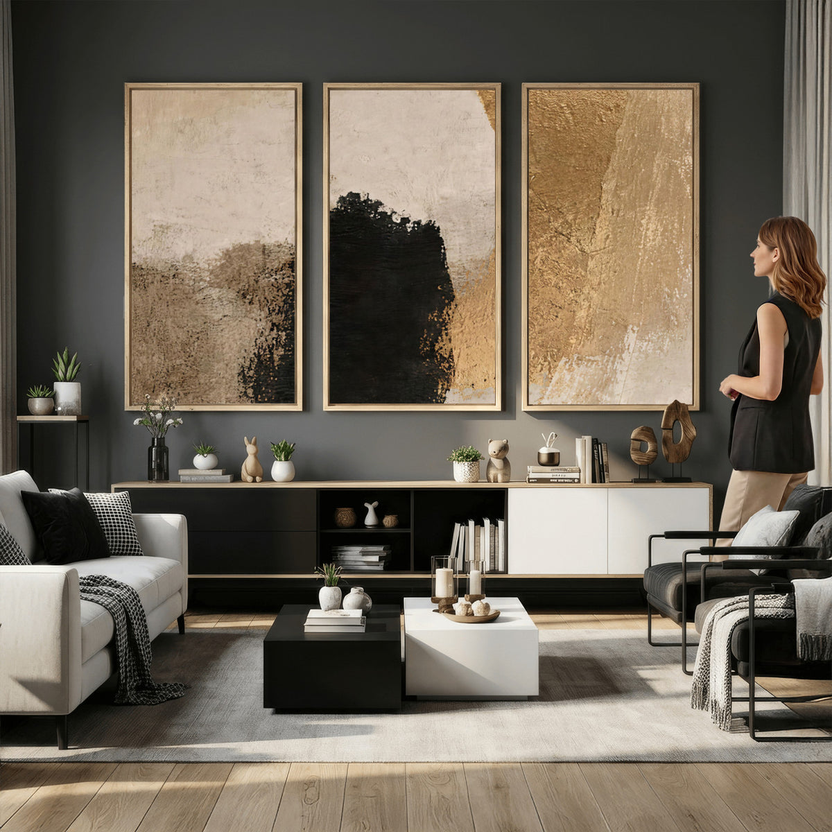 36003778-MGV-CV-48X32-3P - Mid Century Modern Geometric Canvas Wall Art, Abstract Triptych Print