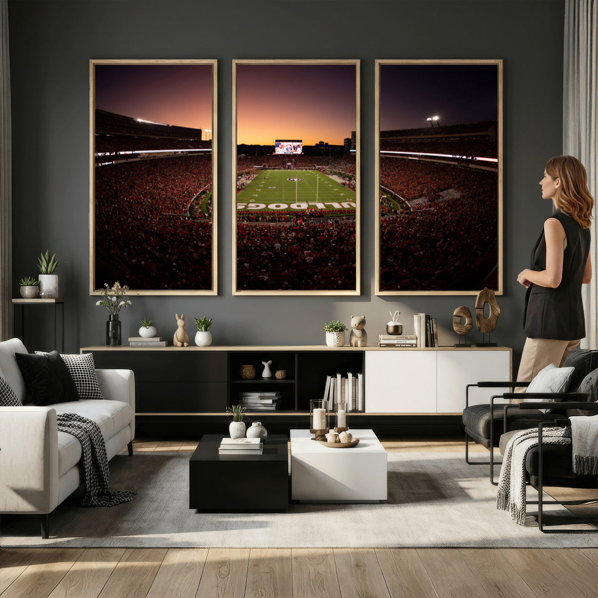 97720998-_Poster-30x20 - Georgia Bulldogs Stadium Sunset Canvas Print 3 Piece Framed Wall Art Extra Large Floating Frame Sports Poster Made in USA