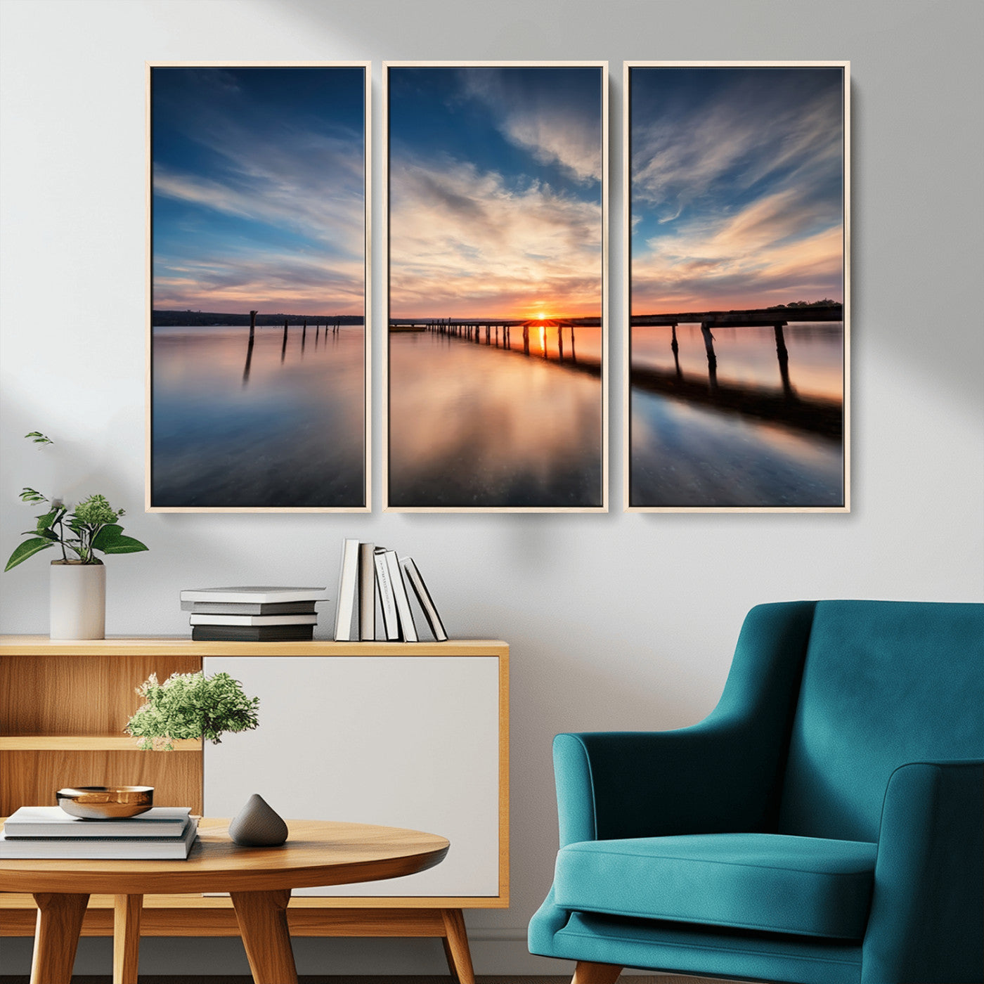 39967-MGV-CV-36X24-Wooden Pier on Seascape and Sunset Wall Art Canvas Print