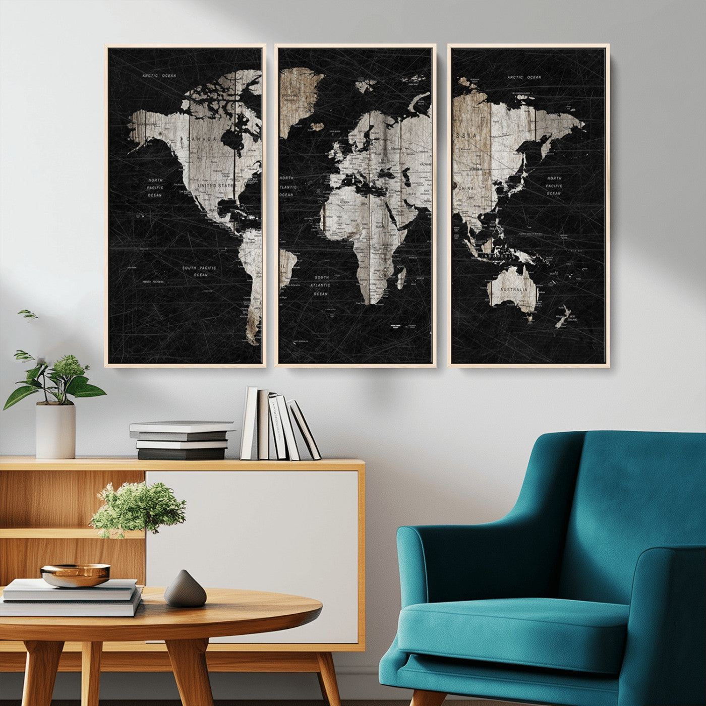 89998-MGV-FC-48X32-3P_Natural-Rustic Black and Wood World Map Canvas Wall Art – Framed Push Pin Travel Map for Home and Office Decor, Modern Vintage Wall Artwork