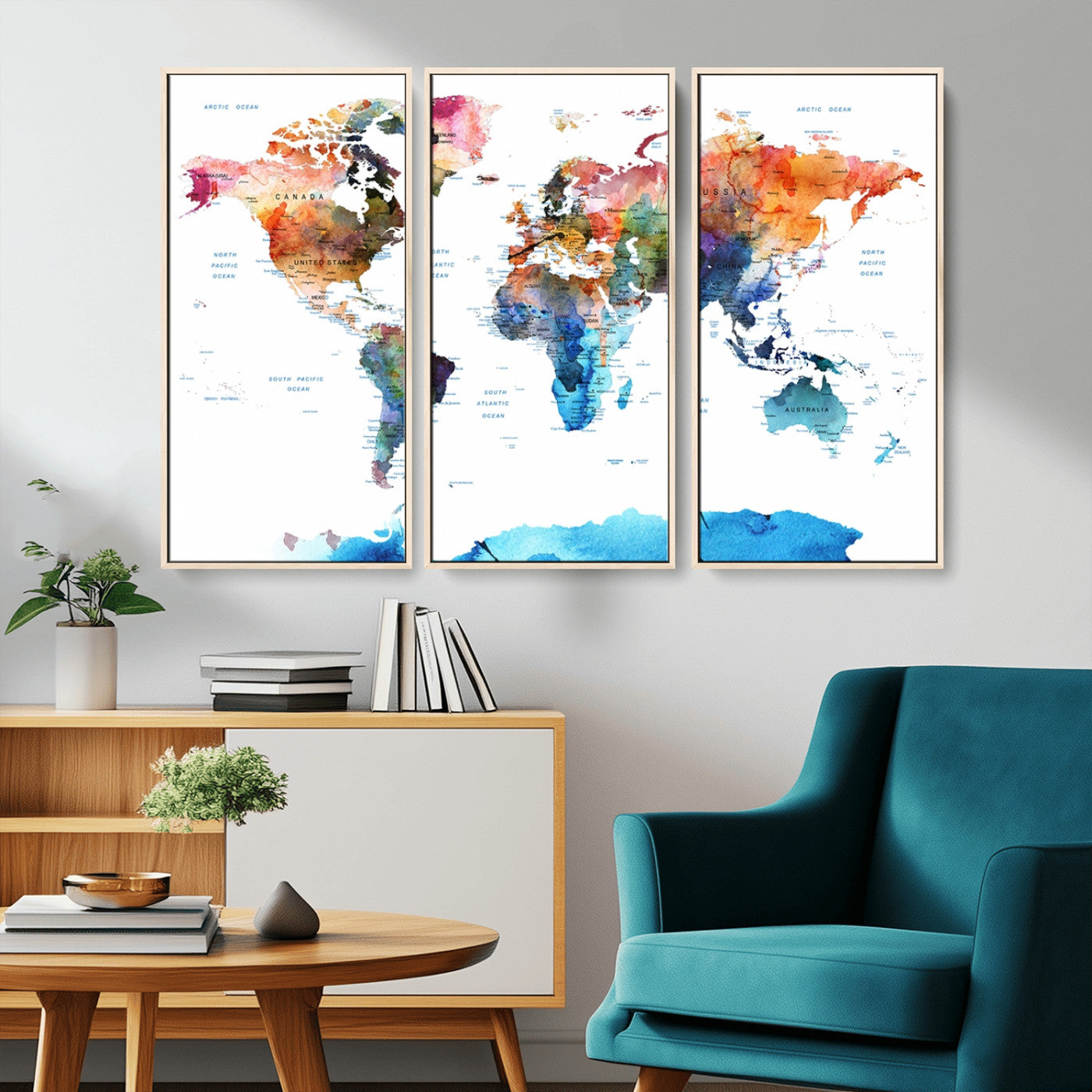 11576-MGV-CV-36X24-Vibrant Watercolor World Map Canvas Wall Art – Framed Push Pin Travel Map for Home and Office Decor, Modern Colorful Wall Artwork