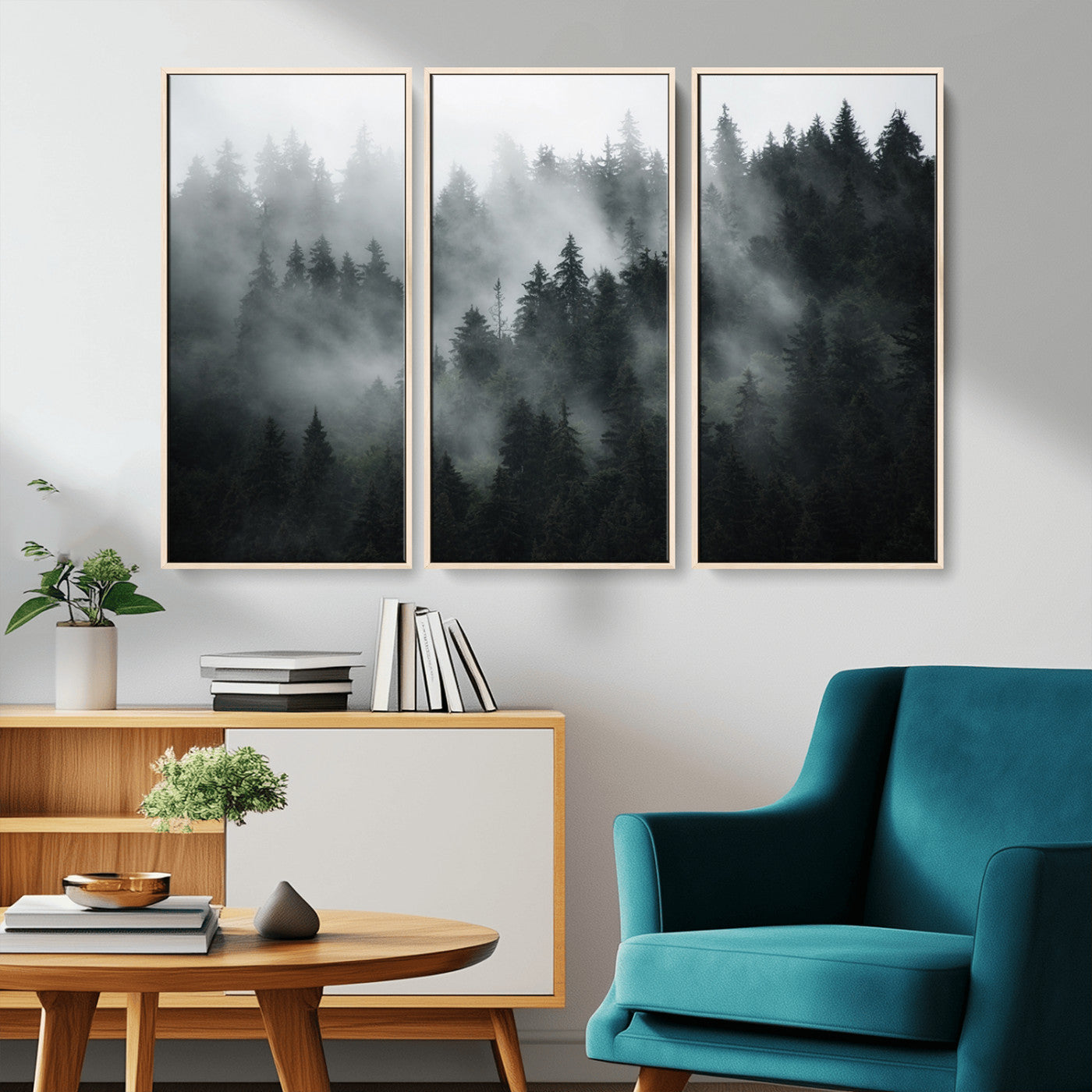 52359-MGV-CV-36X24-Foggy Forest Wall Art Canvas Print | 3 Panel Large Misty Landscape for Dining Room, Office, or