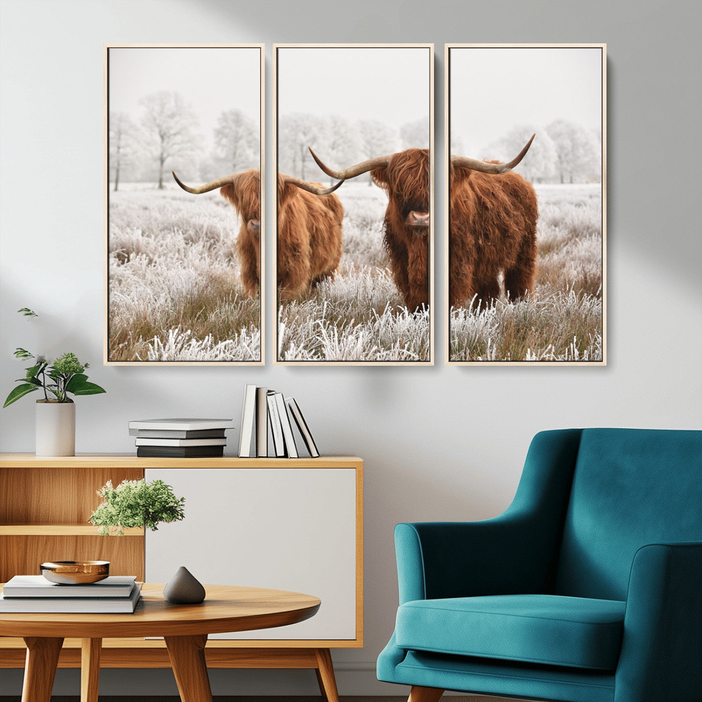 -Longhorn Cattle Wall Art Canvas Print, Framed Farmhouse Style Art Picture Print, Rustic Cow Perfect Rustic Farmhouse Decor Artwork