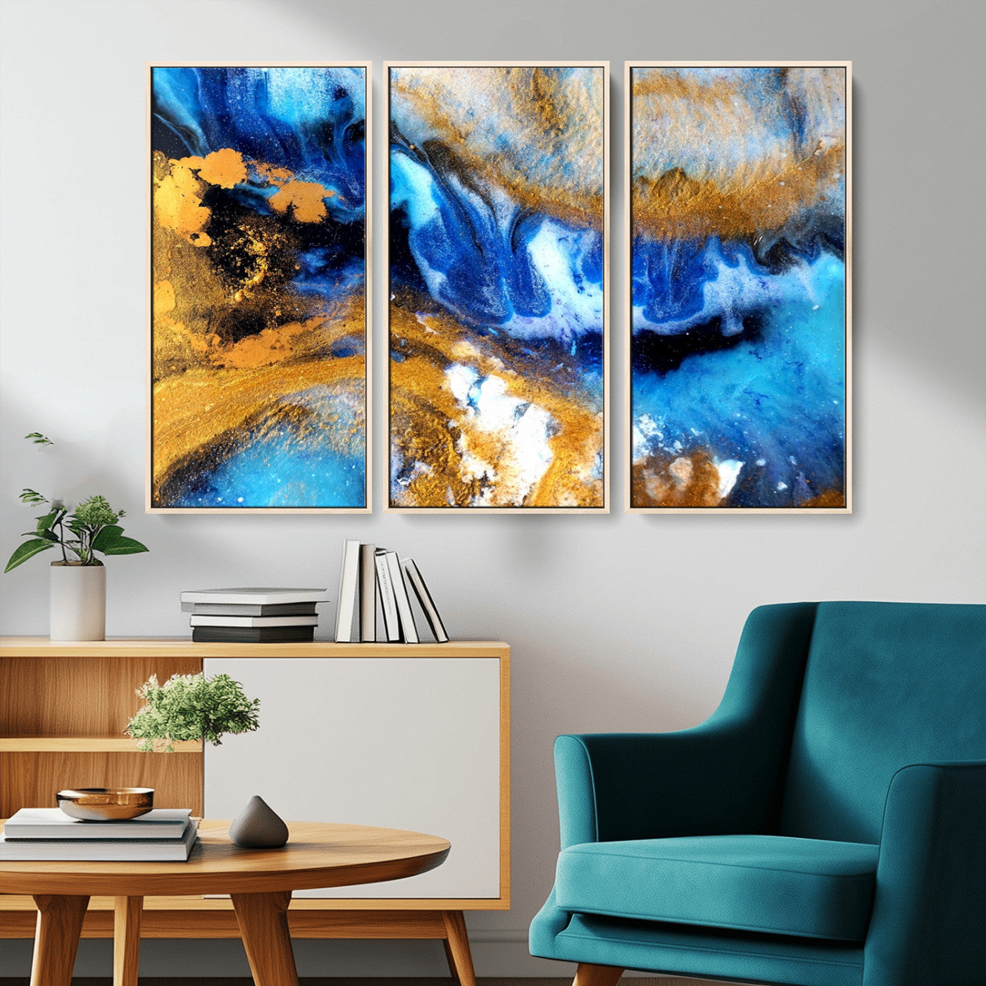 42100-MGV-CV-36X24-Blue Orange Marble Fluid Effect Canvas Wall Art Print
