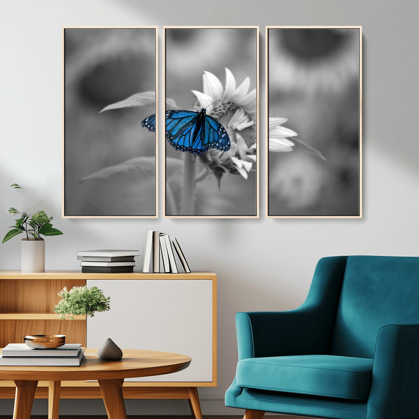 -Blue Butterfly Black and White Canvas Wall Art