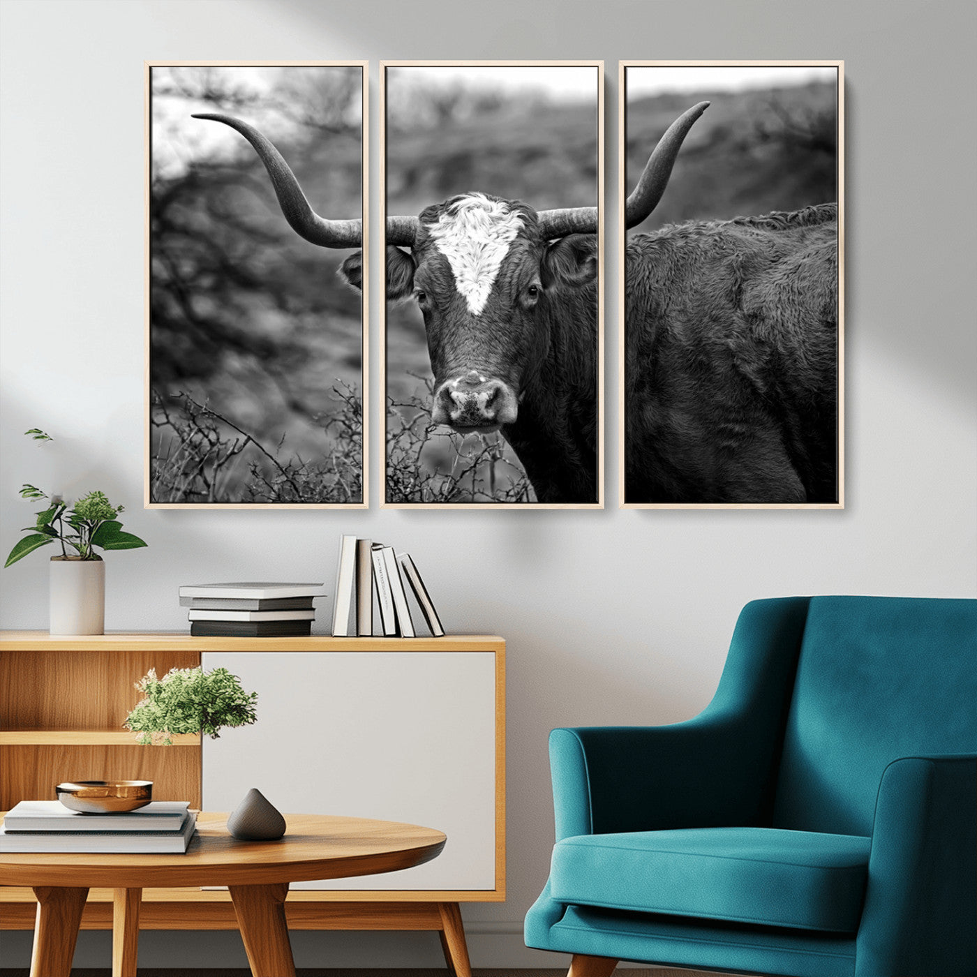-Western Home Wall Art Canvas Print, Framed Texas Longhorn Art Picture Print, Rustic Cow Perfect Rustic Farmhouse Decor Artwork