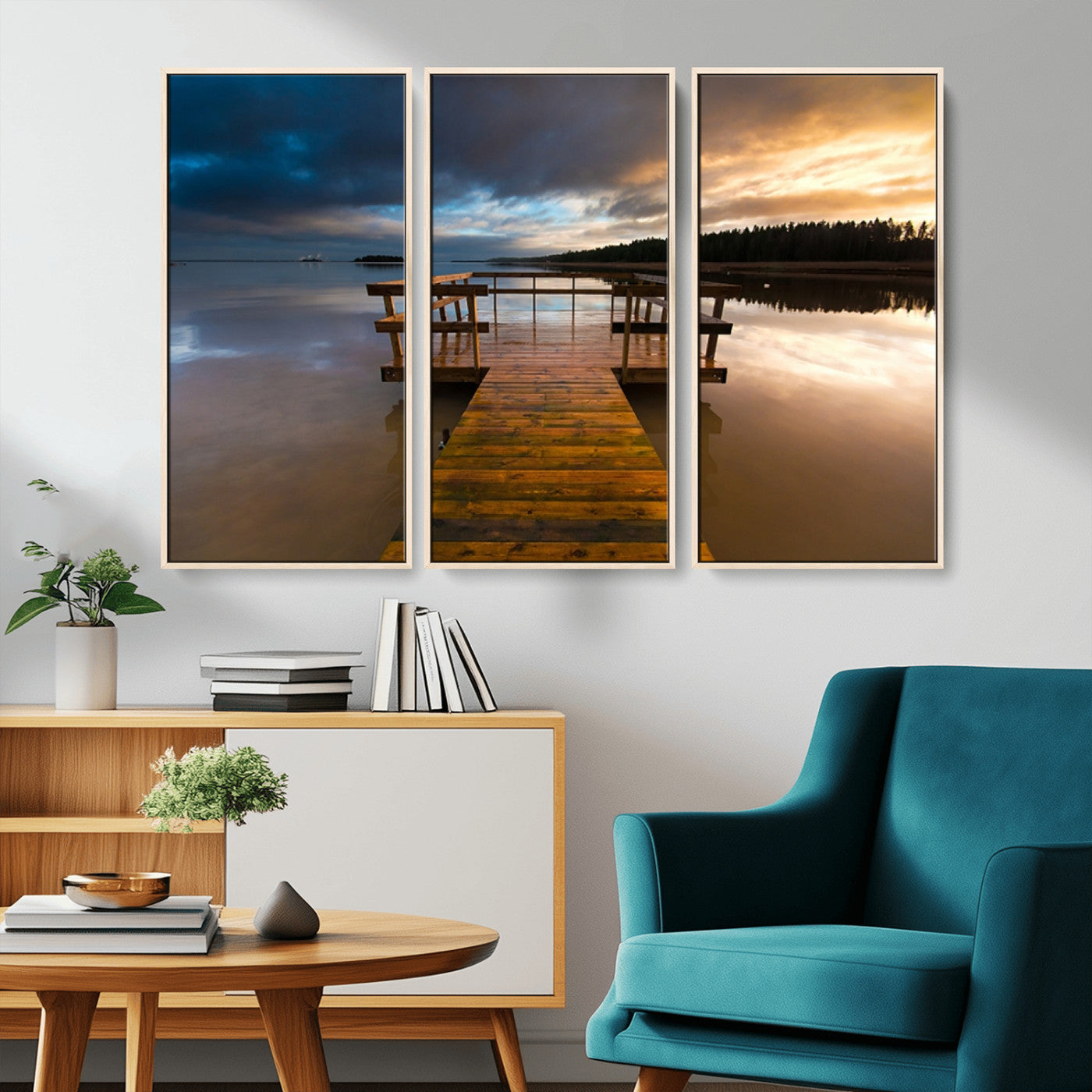 77616-MGV-FC-48X32-3P_Natural-Serene Lake Pier at Sunset Canvas Print | Landscape Canvas Print | Ready to Hang and Framed Wall Art