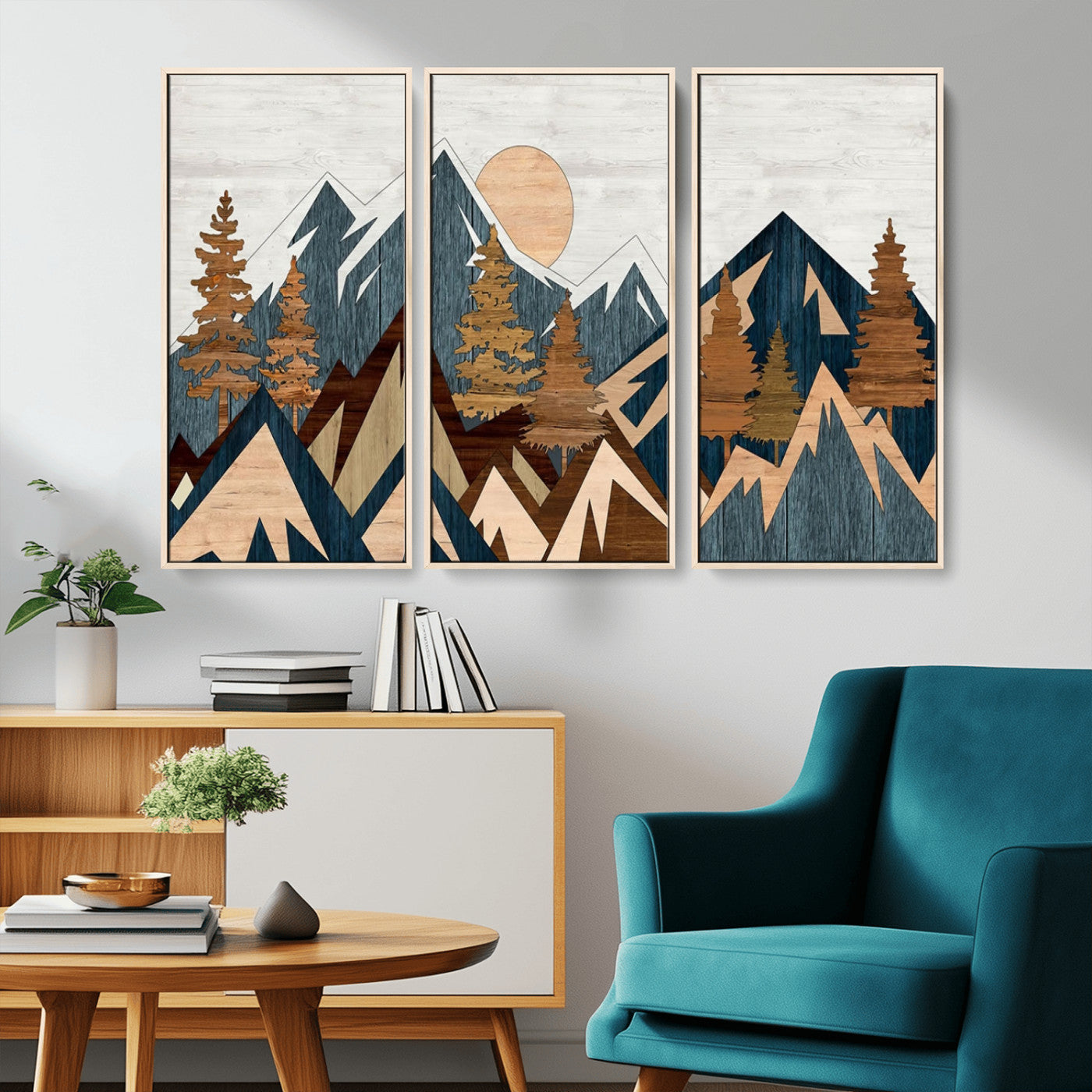 91467-MGV-CV-36X24-Abstract Wood Panel Effect Mountain Range Top Wall Art Canvas Print