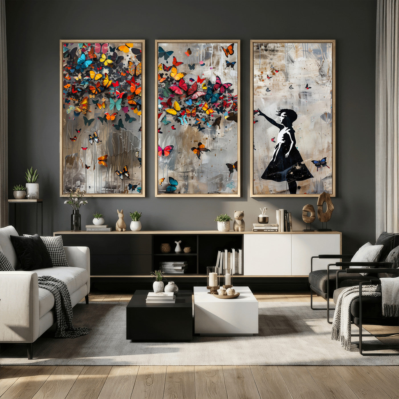 40269-MGV-CV-36X24 - Banksy Wall Art - Banksy Girl and Butterfly Explosion Wall Art Canvas Print | Girl with Butterflies