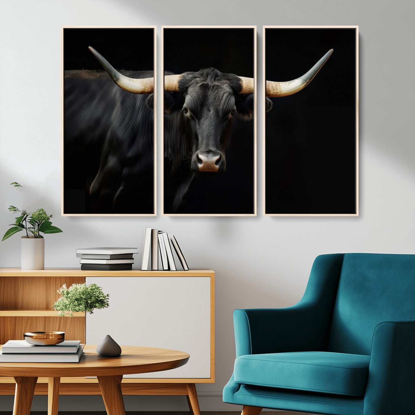 -Black Bull Wall Art – Majestic Longhorn Canvas Print with Dark Background, Rustic Western Farmhouse Decor for Living Room or Office