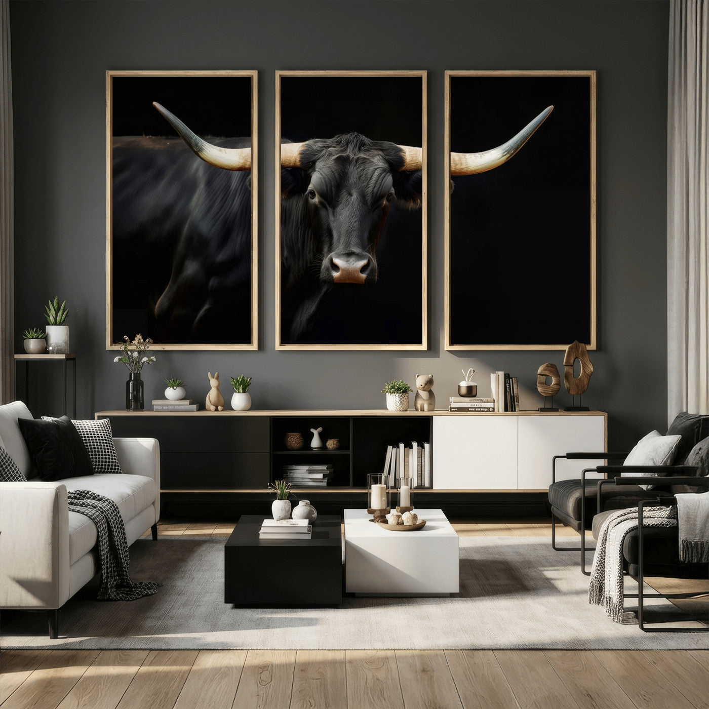 63798-MGV-CV-36X24 - Texas Longhorn Cow | Majestic Black Bull Wall Art Canvas Print - Farmhouse Animal Decor - Ready to
