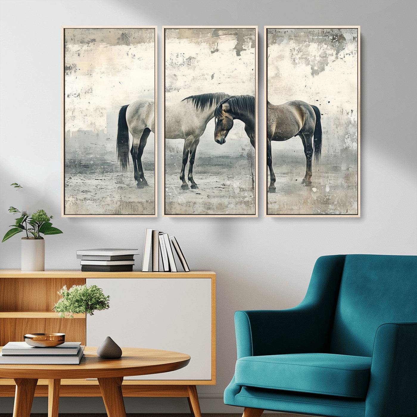 -Chines Style Majestic Horses Wall Art | Ready to Hang and Framed Triptych Print | Western Farmhouse