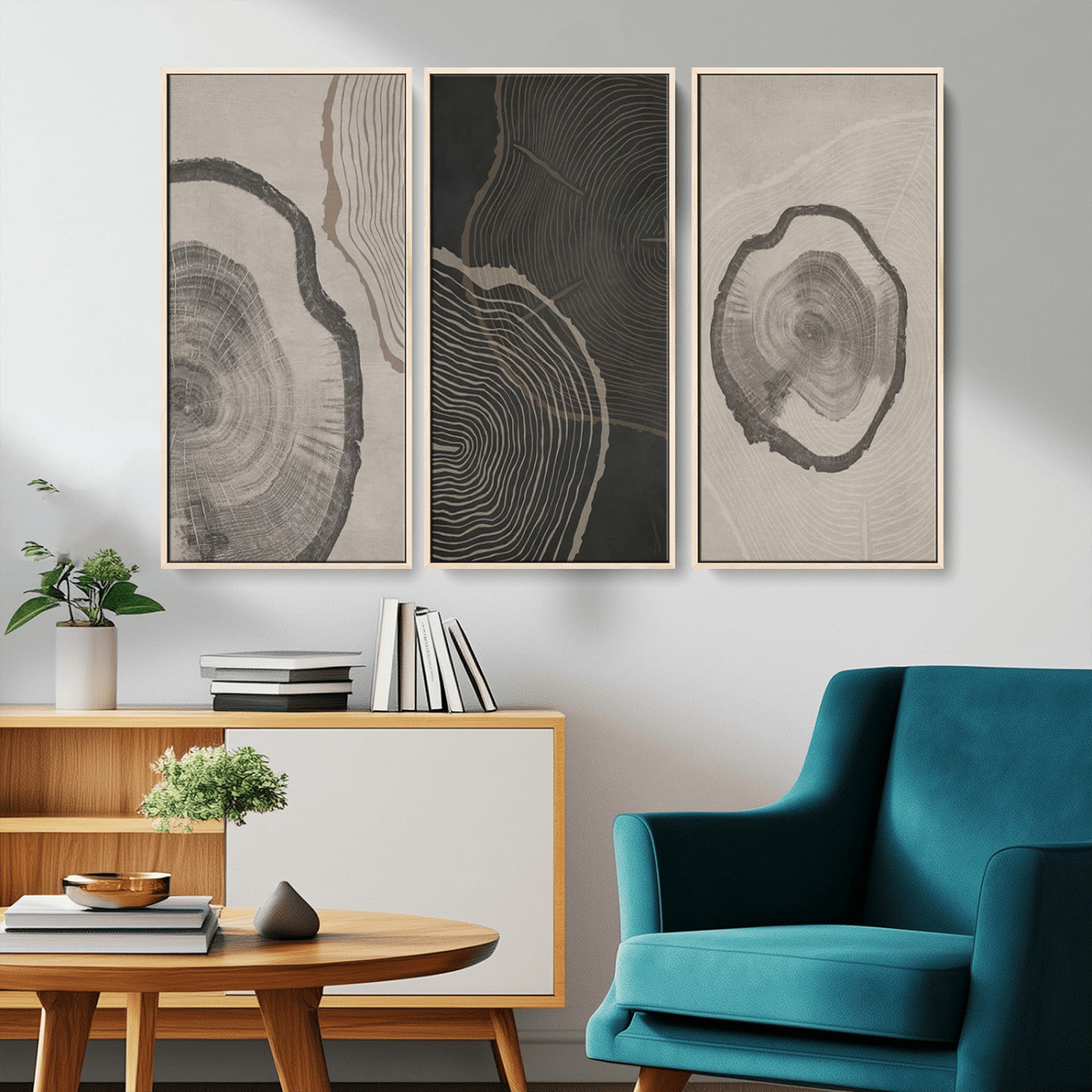 25407-MGV-CV-36X24-Modern Abstract Tree Ring Canvas Art Set | 3 Panel Large Tree Ring Design for Living Room, Office,