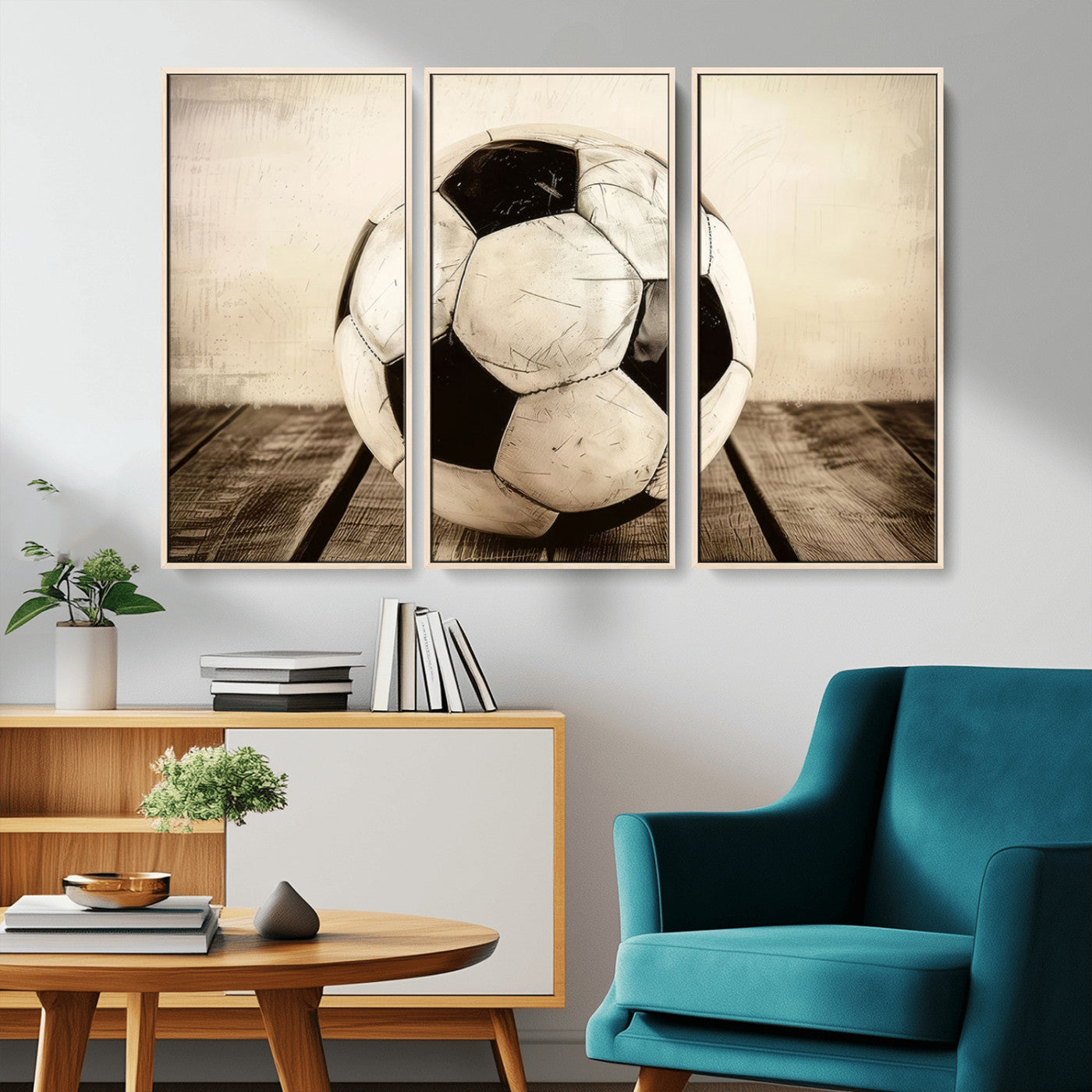 -Vintage Soccer Ball Wall Decor Canvas Art – 3-Panel Soccer Wall Decor, Framed and Ready to Hang