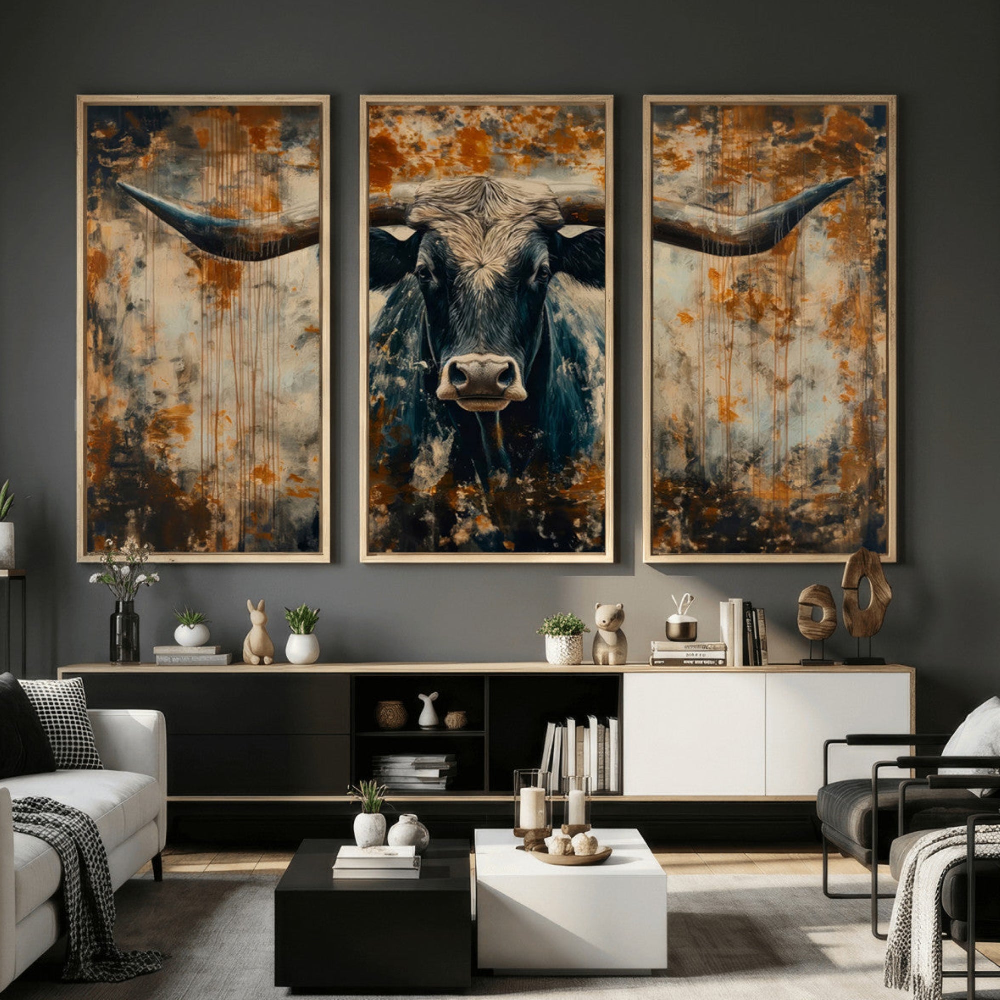 85913-MGV-CV-36X24 - Abstract Longhorn Bull Wall Art | Rustic Western Wall Decor | Framed and Ready to Hang | Ideal for