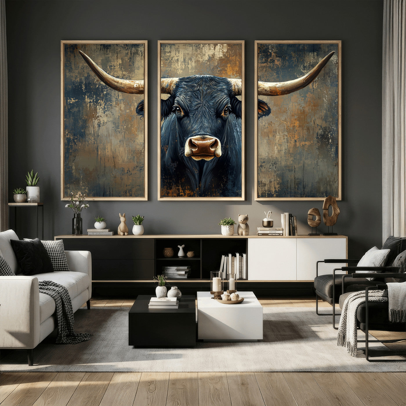 42026-MGV-CV-36X24 - Texas Western Wall Art Canvas Print - Abstract Cow Longhorn Bull Wall Art Canvas Print - Rustic Cow